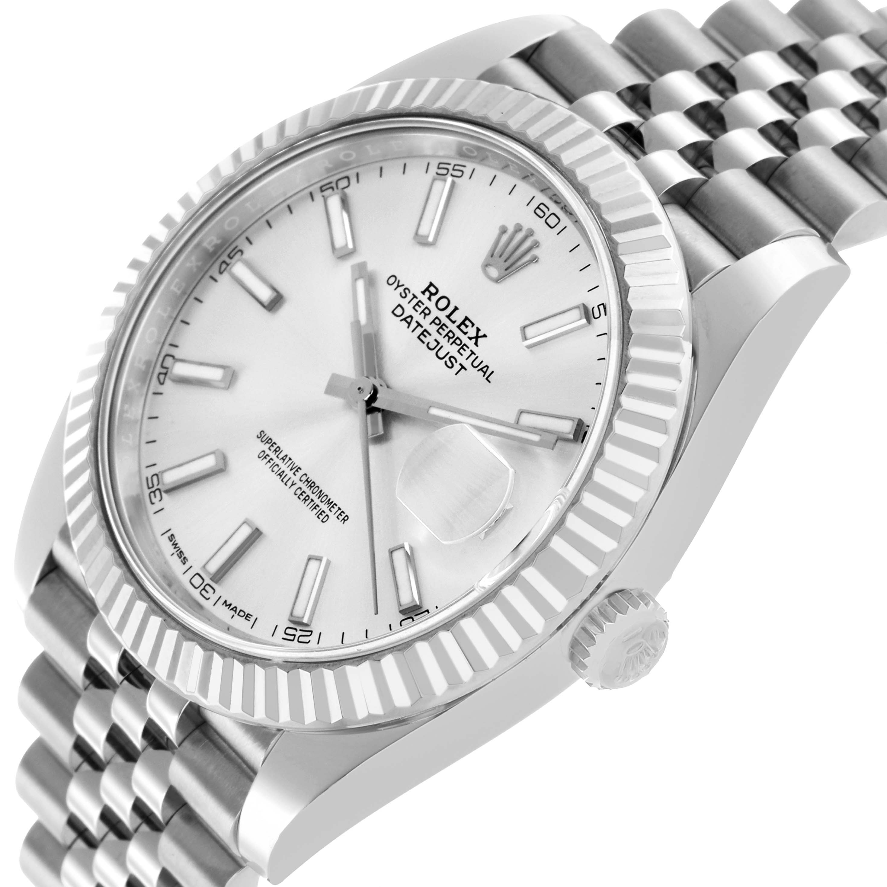 The image shows a Rolex Datejust 41 126334 Men's Stainless Steel Silver Dial watch angled from the front-right, highlighting the dial, bezel, crown, and bracelet.