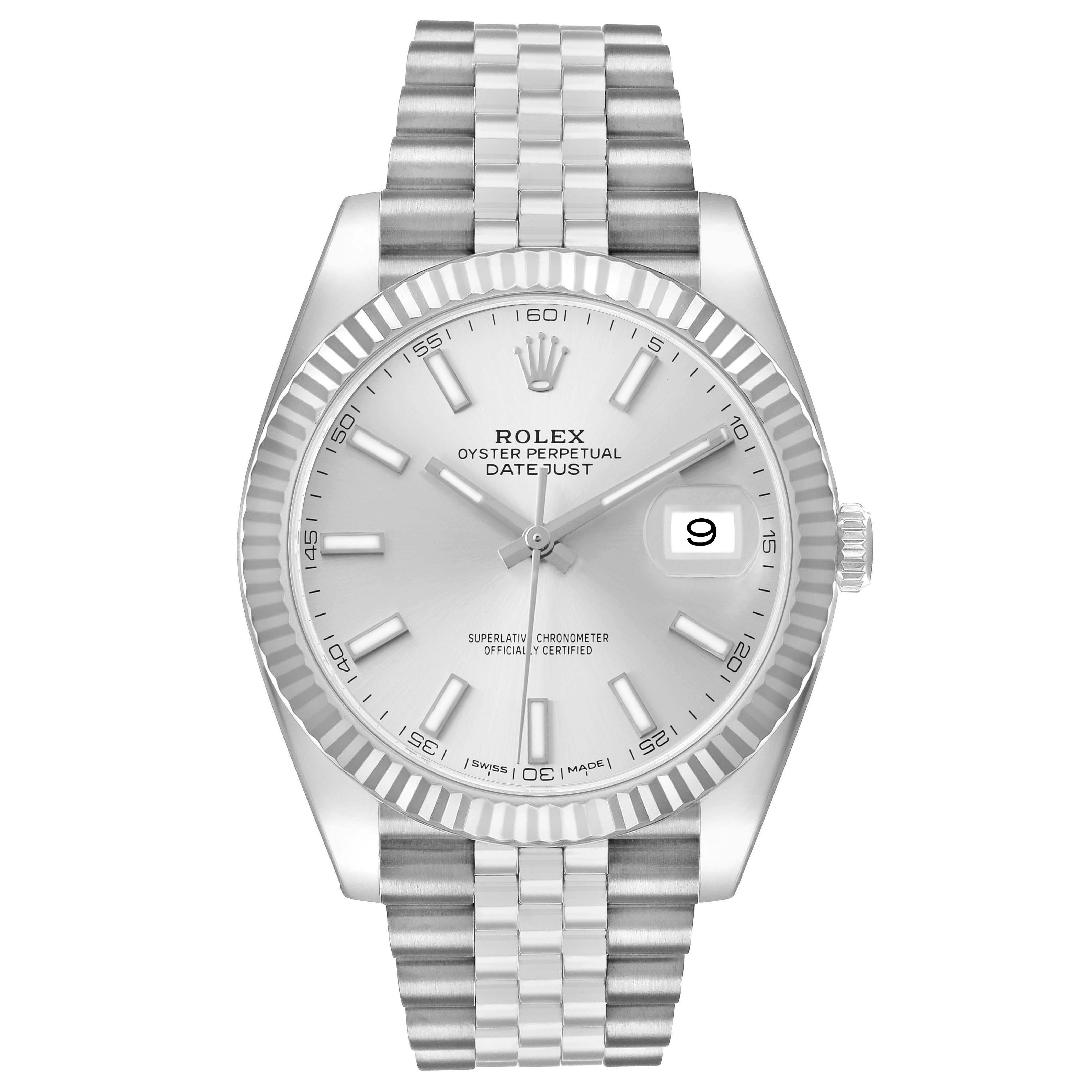 The image shows a front view of a Rolex Datejust 41 126334 Men's Stainless Steel Silver Dial, displaying the dial, fluted bezel, and Jubilee bracelet.