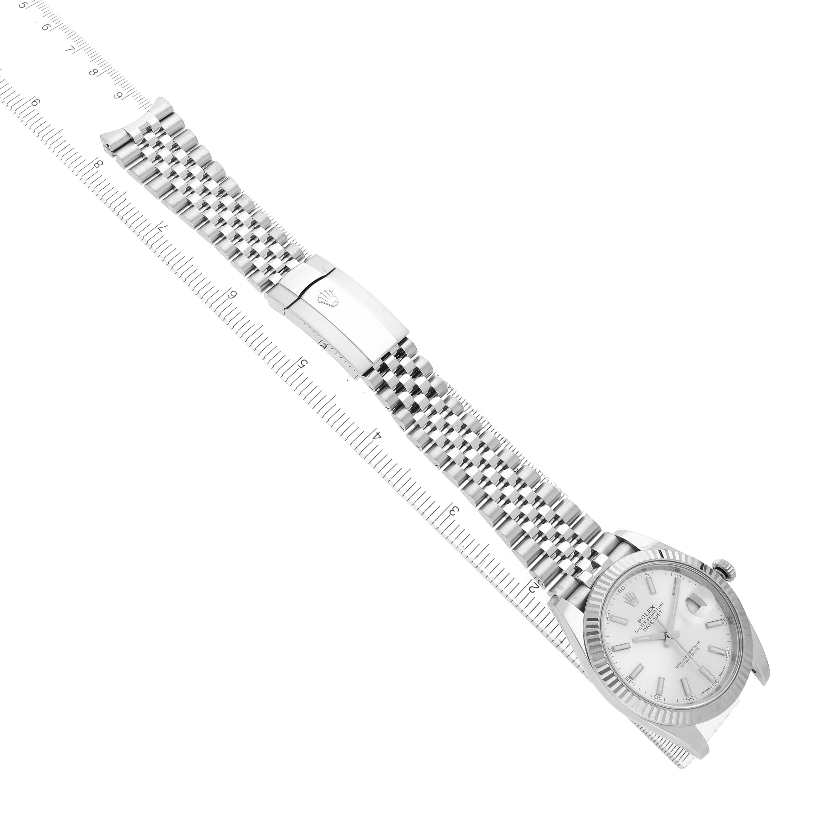 The Rolex Datejust 41 126334 Men's Stainless Steel Silver Dial is shown at an angled side view with its silver dial, fluted bezel, and Jubilee bracelet.