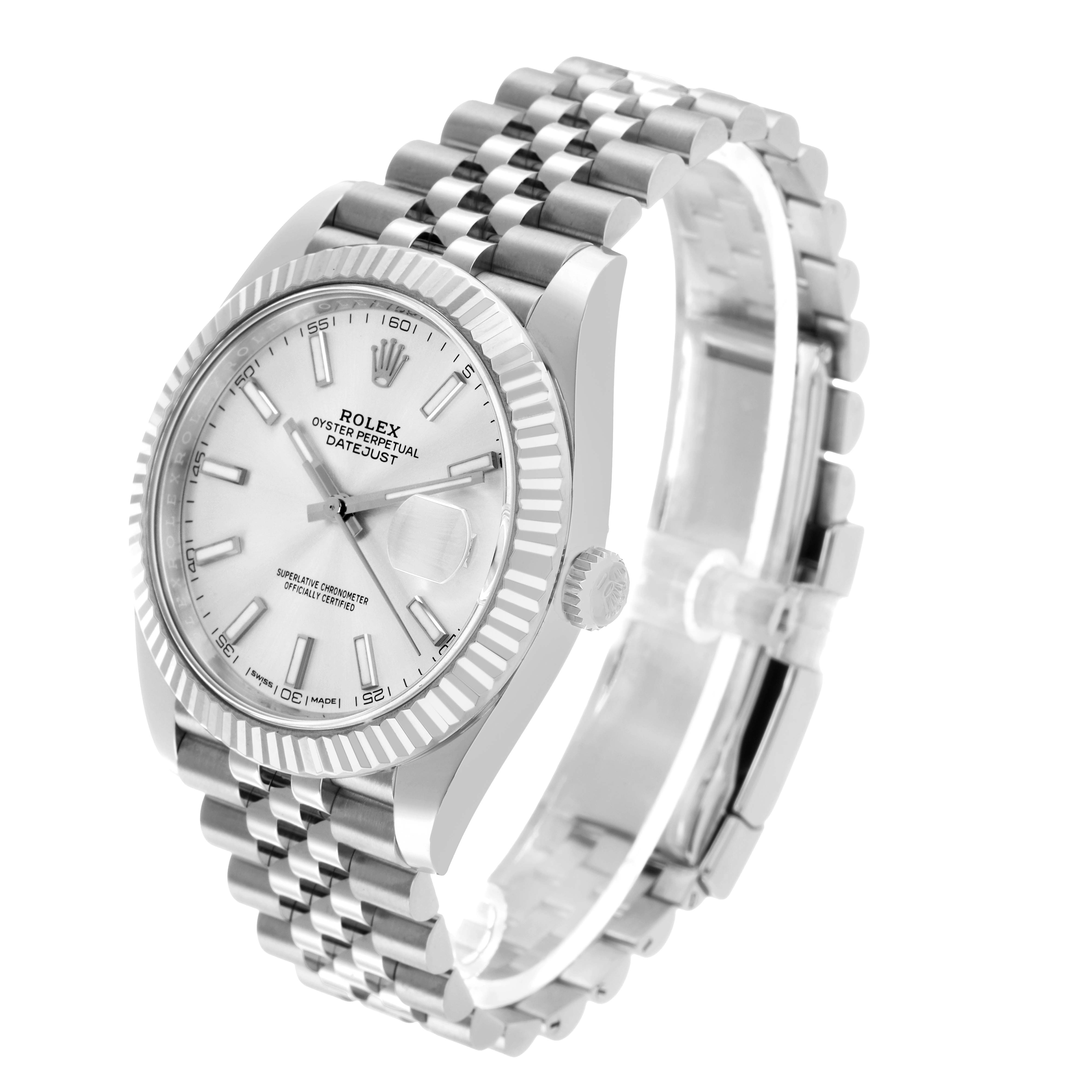 The Rolex Datejust 41 126334 Men's Stainless Steel Silver Dial is shown at a three-quarter angle, displaying the dial, fluted bezel, and Jubilee bracelet clearly.