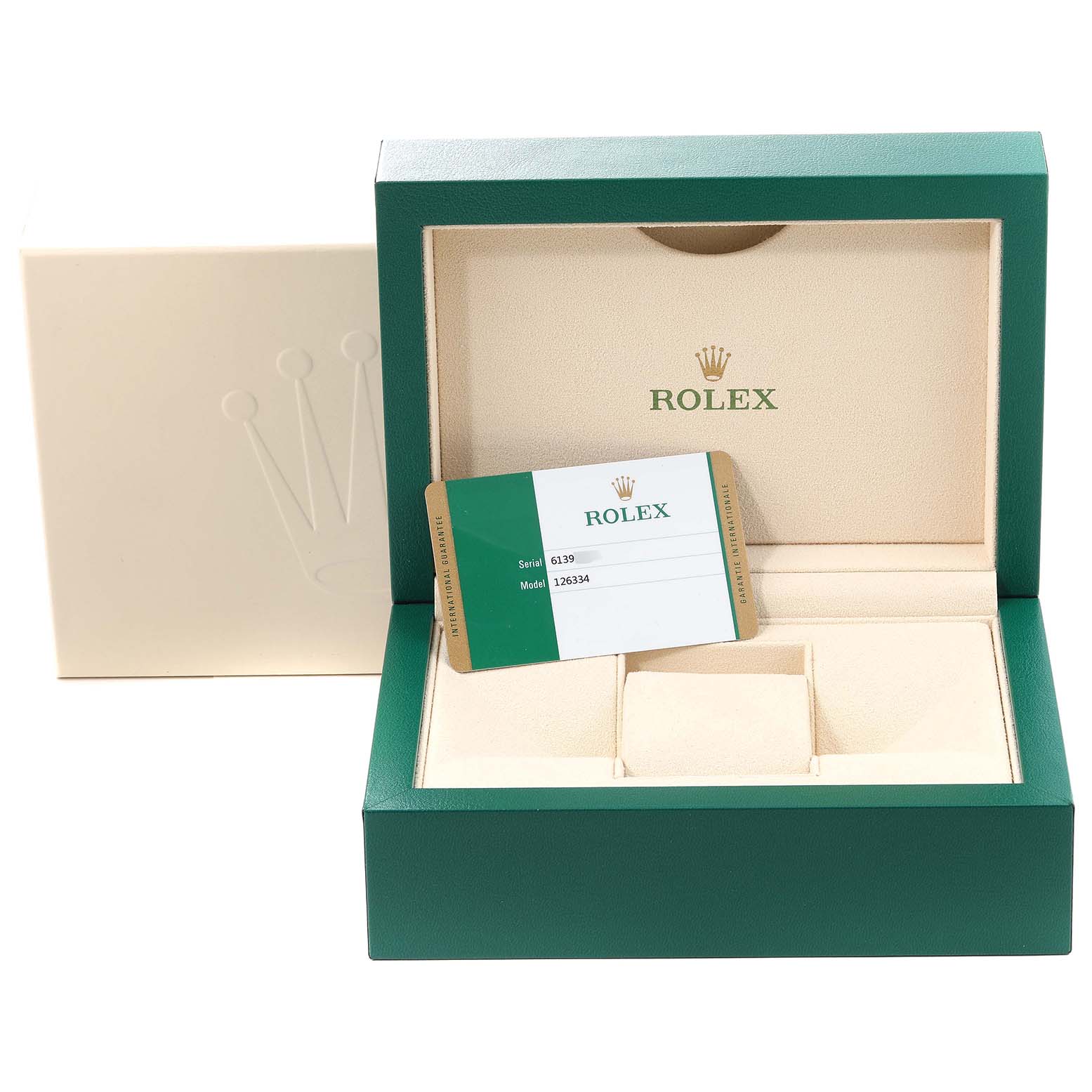 The image shows an open green Rolex box with the Datejust 41 model card inside, revealing the inner compartment.