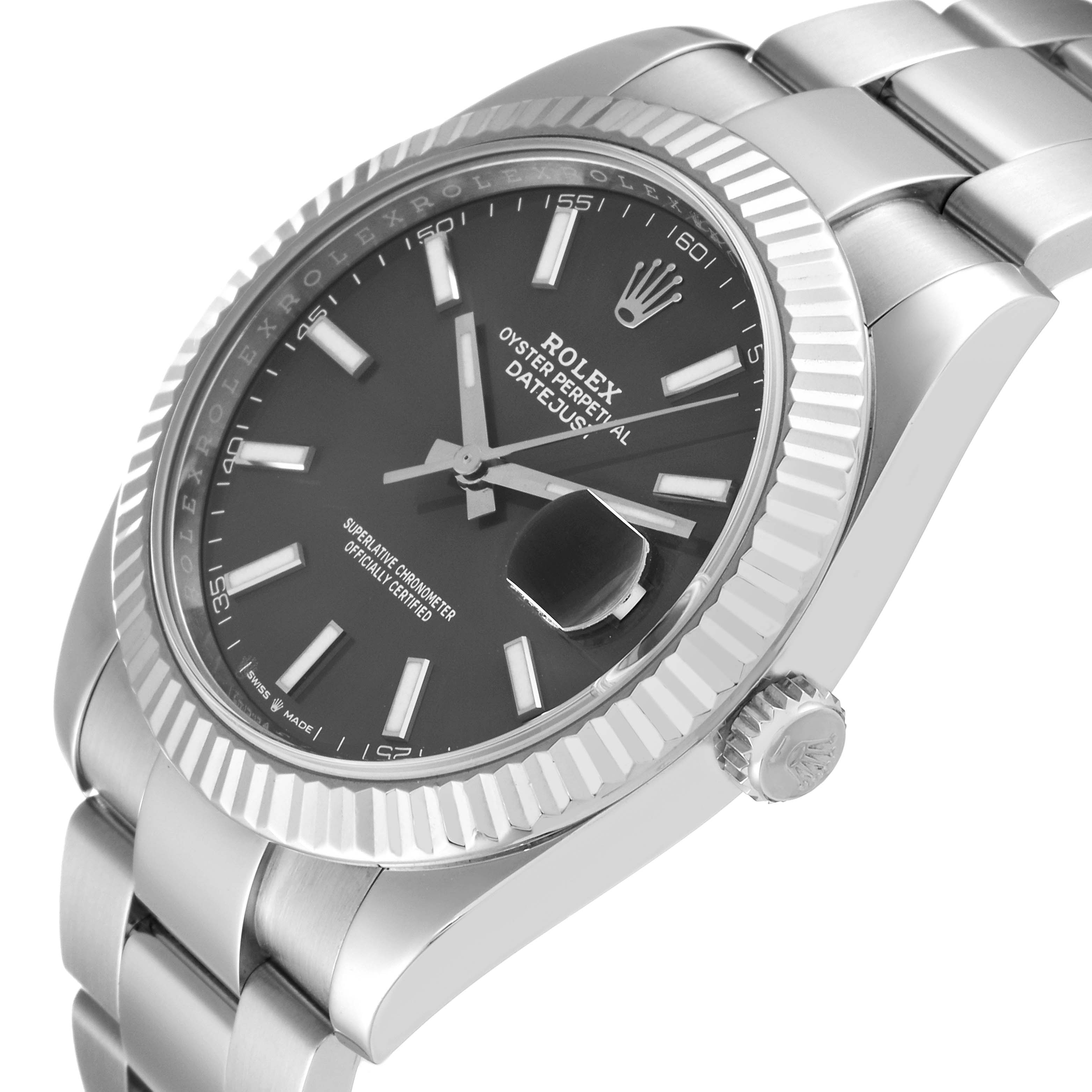 This image shows a Rolex Datejust 41 126334 Men
s Stainless Steel Grey Dial 126334 Men
s Stainless Steel Grey Dial watch from an angled side view, highlighting the bezel, crown, and part of the bracelet.