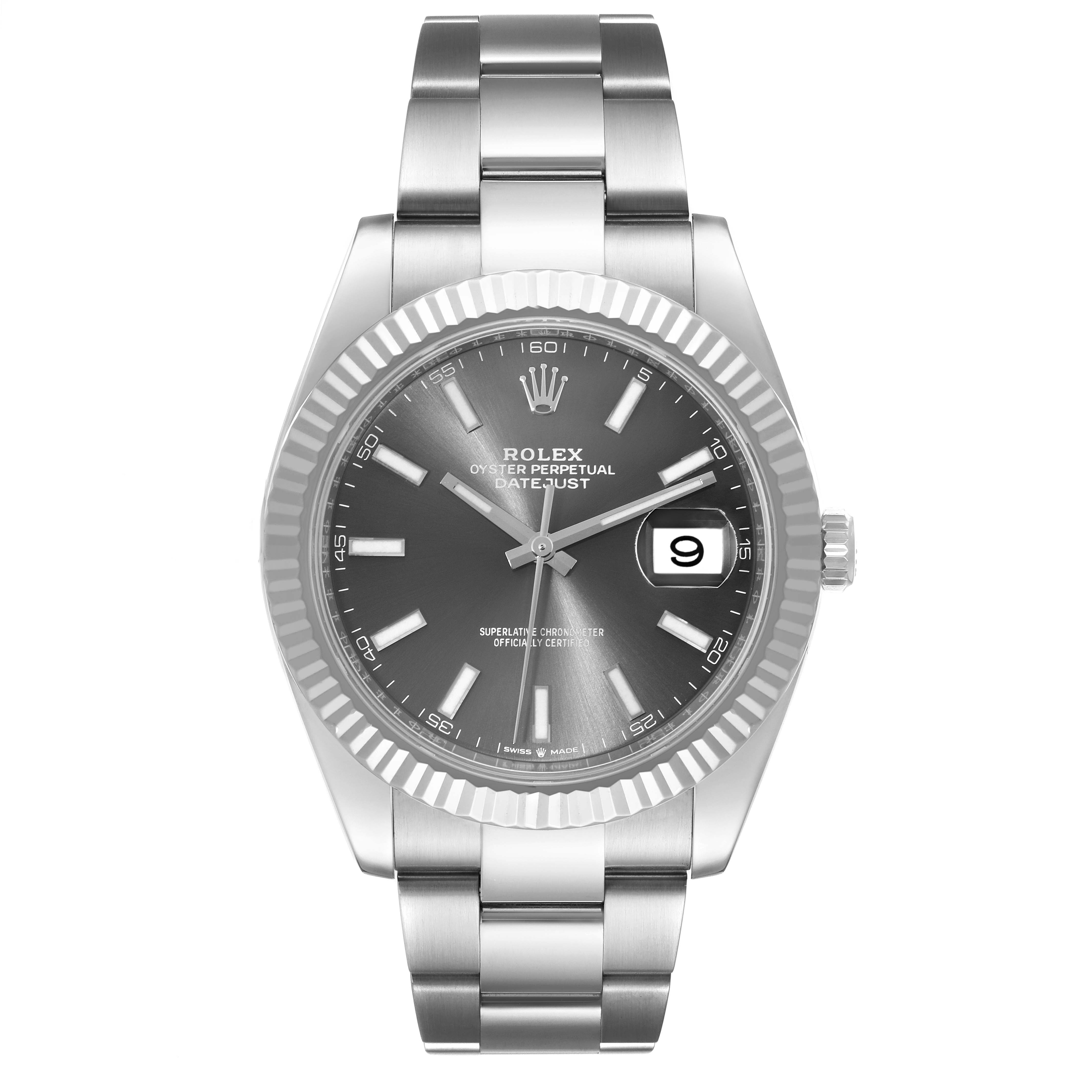 The image shows a frontal view of the Rolex Datejust 41 126334 Men
s Stainless Steel Grey Dial 126334 Men
s Stainless Steel Grey Dial, highlighting its dial, case, bezel, crown, and bracelet.