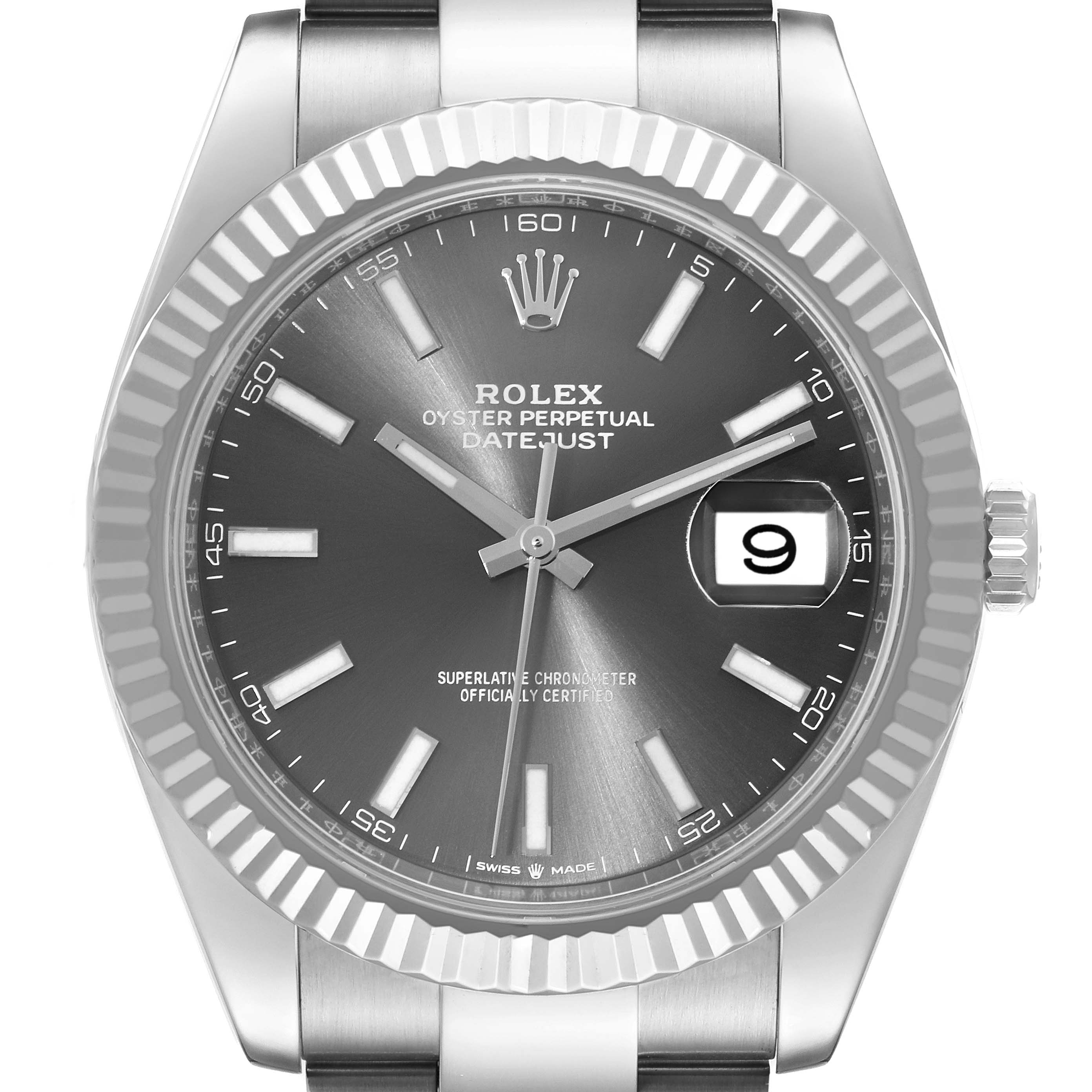 Close-up of the Rolex Datejust 41 126334 Men
s Stainless Steel Grey Dial 126334 Men
s Stainless Steel Grey Dial watch face, showing the dial, hands, date window, and part of the bracelet.