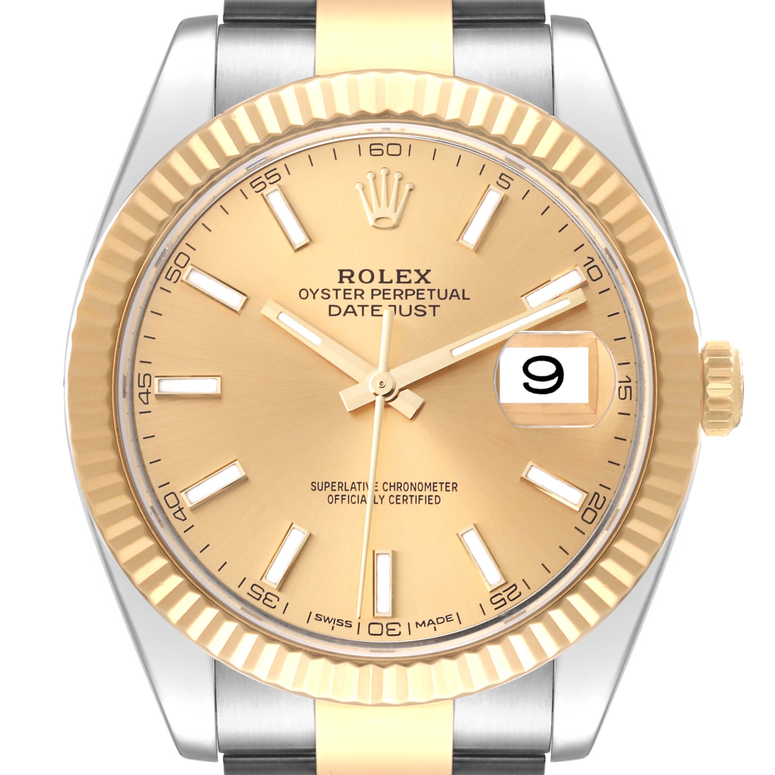 This image shows a close-up of the face and bezel of the Rolex Datejust 41 126333 Men's Steel and Gold (two tone) Champagne Dial 126333 Men's Steel and Gold (two tone) Champagne Dial watch, highlighting its gold and silver detailing.