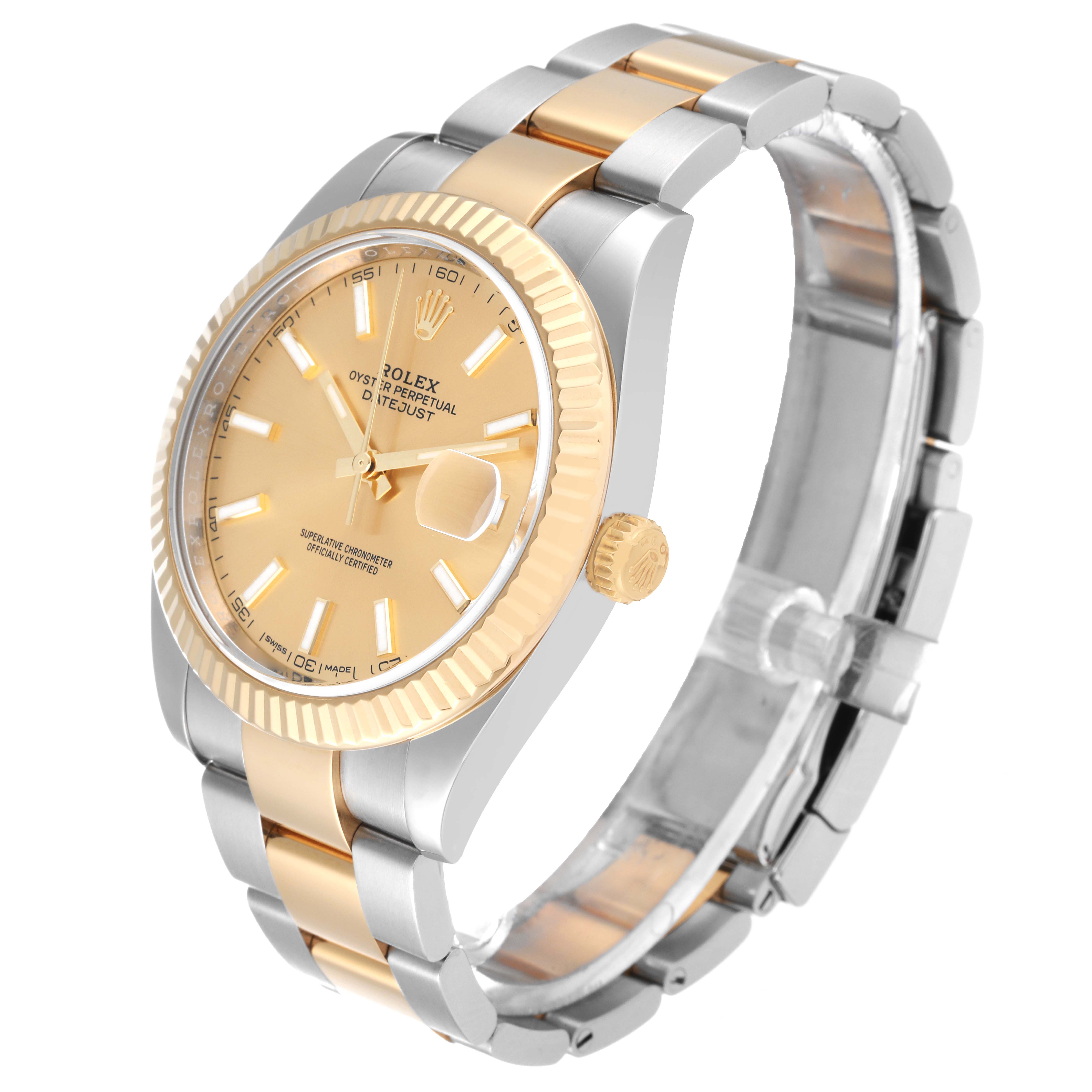 This image shows a Rolex Datejust 41 126333 Men's Steel and Gold (two tone) Champagne Dial 126333 Men's Steel and Gold (two tone) Champagne Dial watch from an angled side view, highlighting the case, bezel, dial, crown, and bracelet.