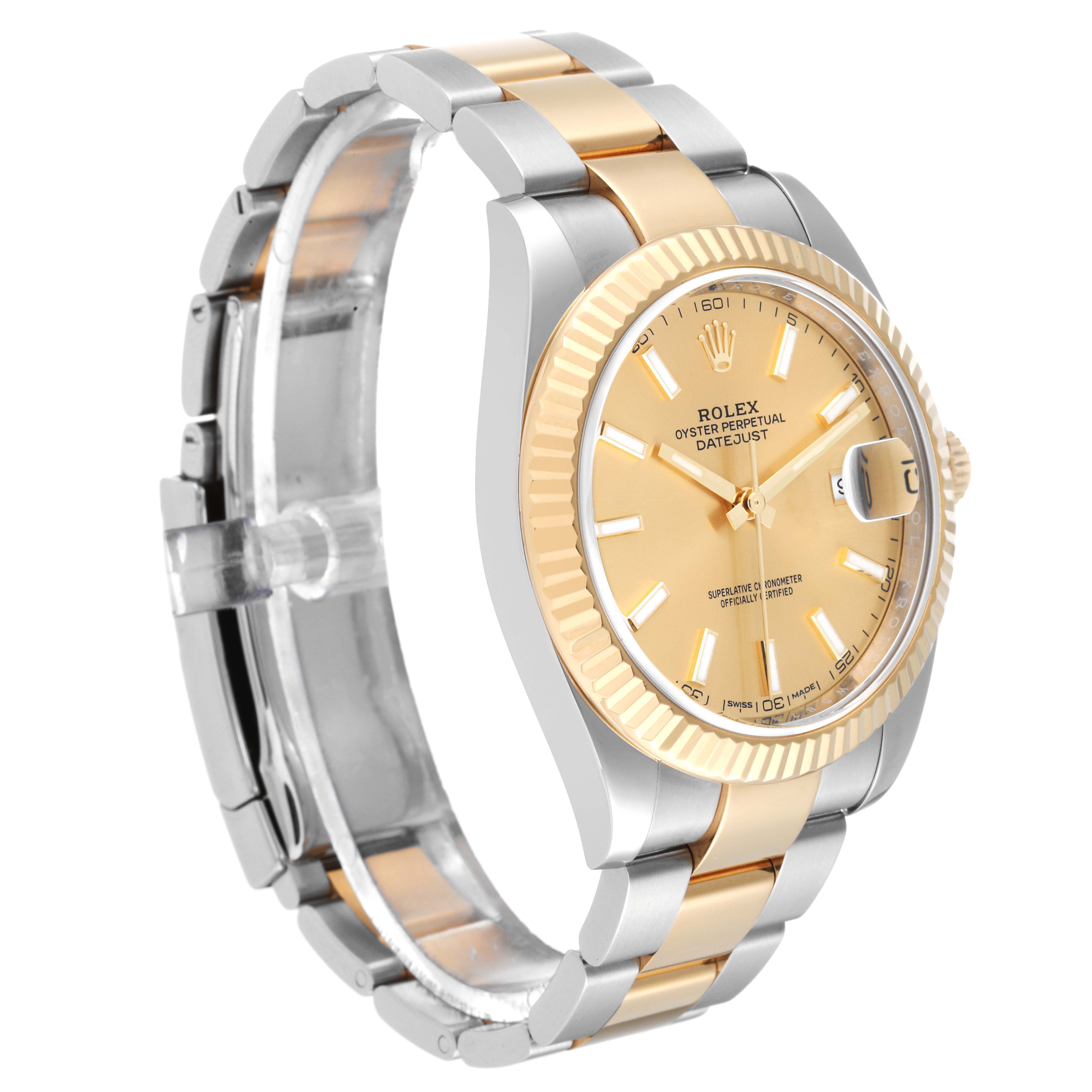 The Rolex Datejust 41 126333 Men's Steel and Gold (two tone) Champagne Dial 126333 Men's Steel and Gold (two tone) Champagne Dial is shown at an oblique angle, highlighting the gold dial, fluted bezel, and two-tone bracelet.