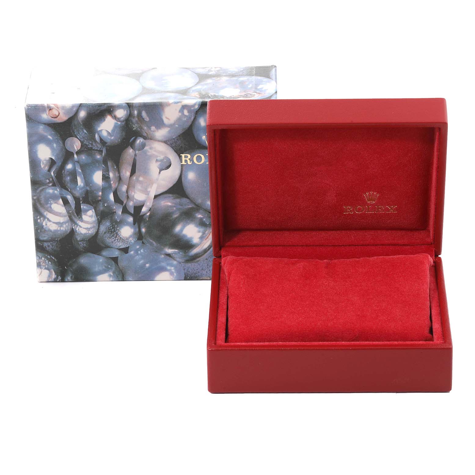 The image shows a red Rolex watch box with an open lid, revealing a soft interior cushion for a Mid-Size model.