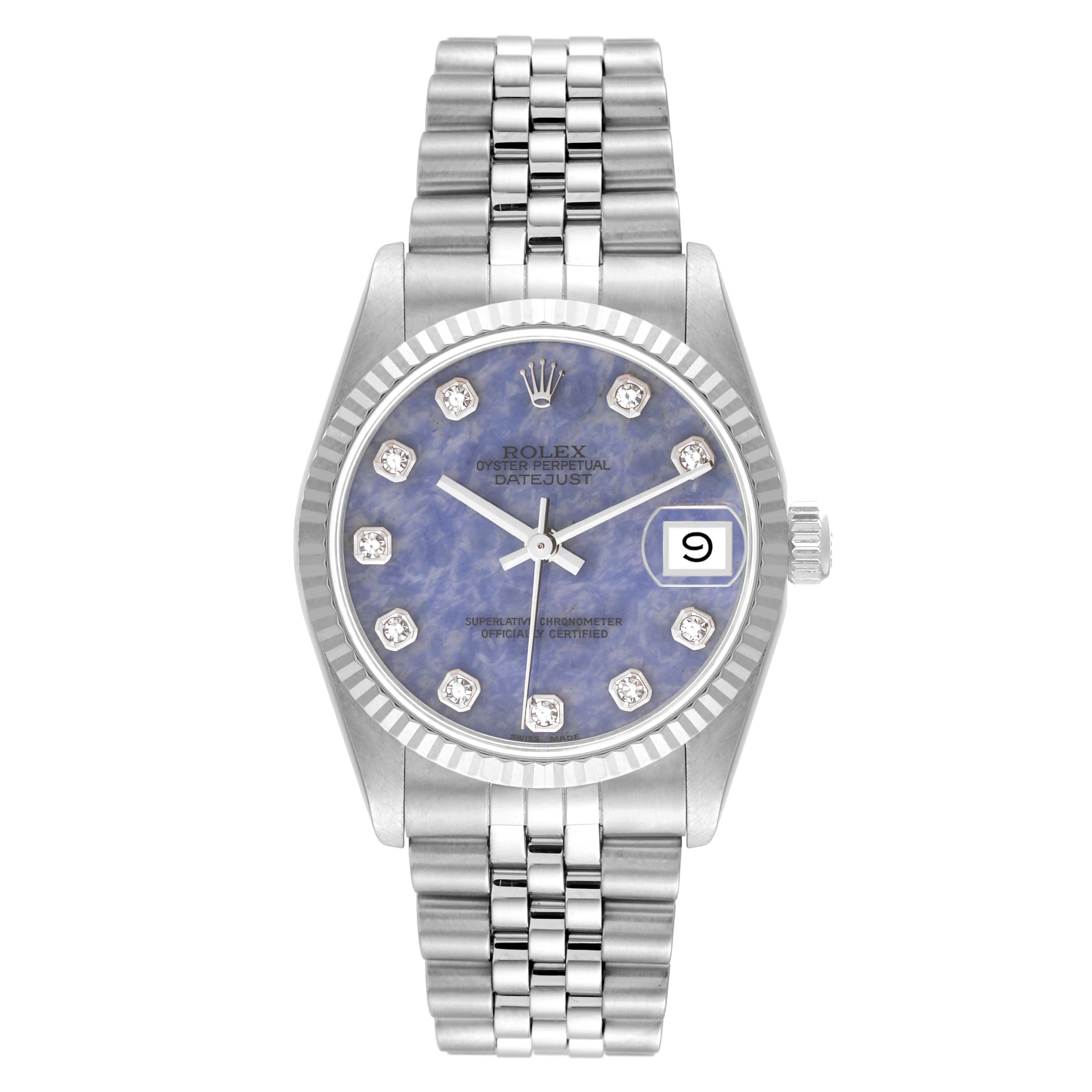 The Rolex Datejust Mid-Size watch is shown from a top-down angle, displaying the dial, bezel, and bracelet.