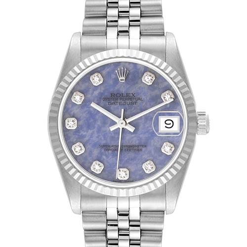 This Rolex Mid-Size 68274 Women
s Stainless Steel Blue Dial watch is shown from the front, highlighting the dial, date, bezel, and part of the bracelet.