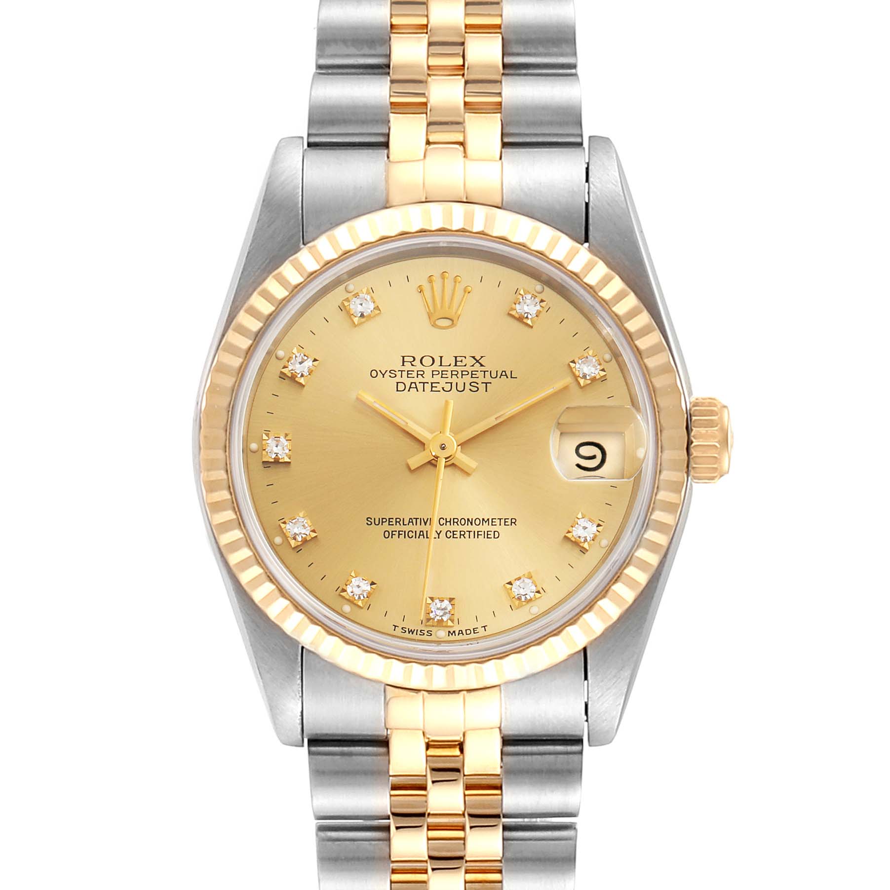 This image shows a front view of a Rolex Datejust Mid-Size model watch, featuring a two-tone gold and silver bracelet.