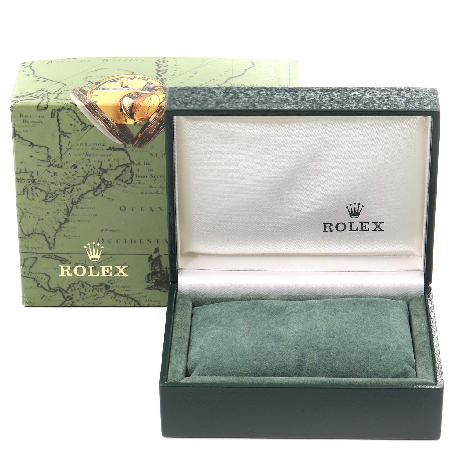 A Rolex Mid-Size 68273 Women's Steel and Gold (two tone) Champagne Dial 68273 Women's Steel and Gold (two tone) Champagne Dial model box is shown from a front angle, featuring the green and gold packaging and the open inner box.