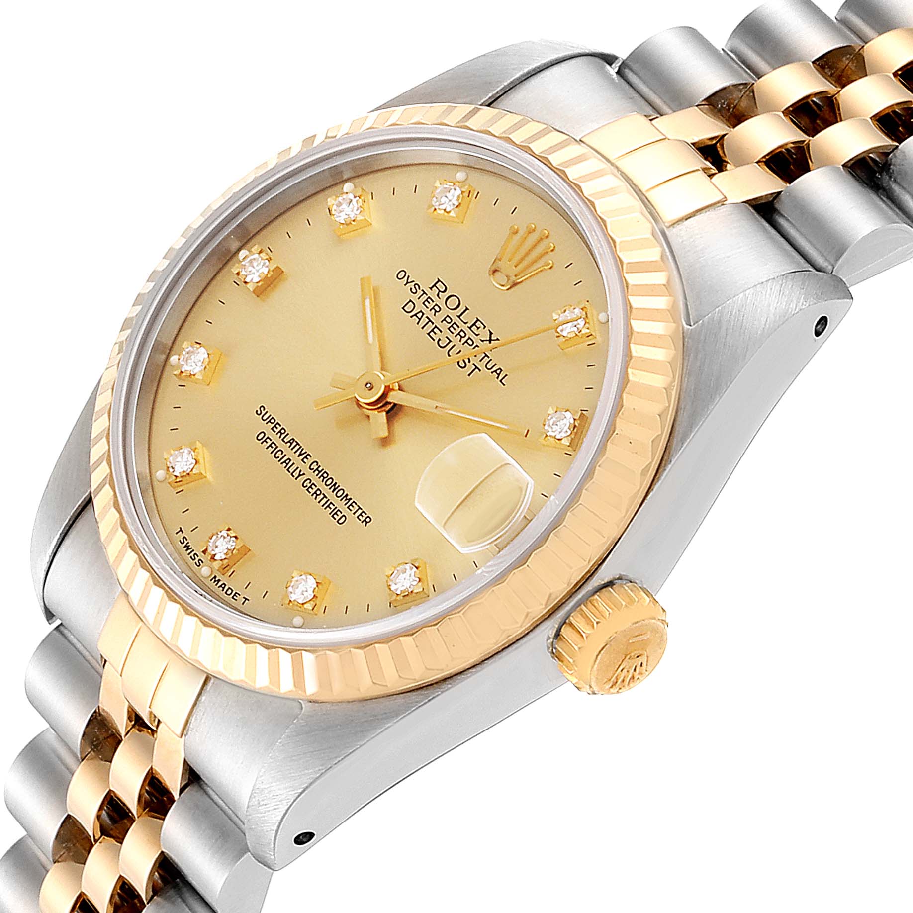 This Rolex Mid-Size 68273 Women's Steel and Gold (two tone) Champagne Dial 68273 Women's Steel and Gold (two tone) Champagne Dial Datejust watch is shown from an angled side view, highlighting the dial, crown, and two-tone bracelet.