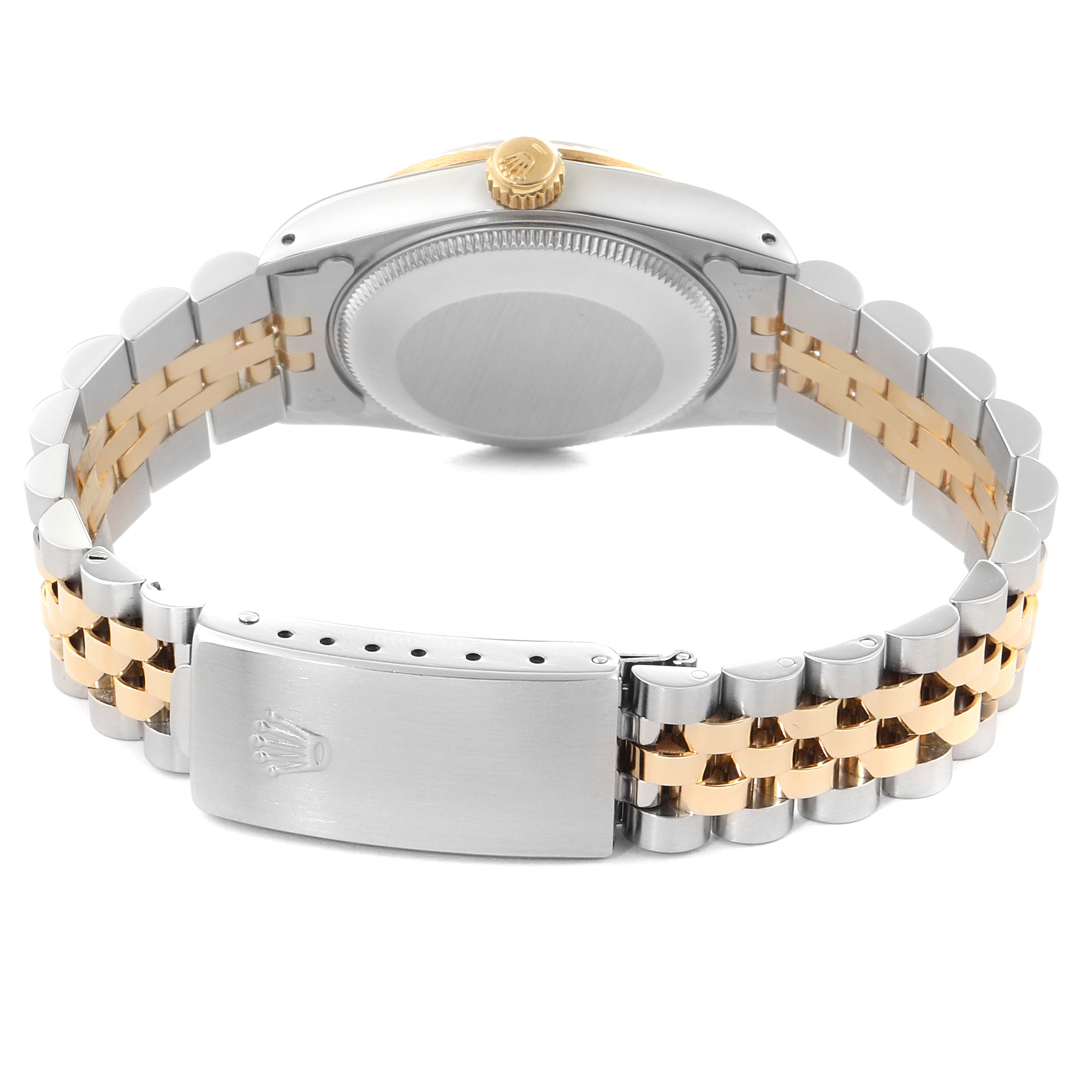 The image shows the back view of a Rolex Mid-Size 68273 Women's Steel and Gold (two tone) Champagne Dial 68273 Women's Steel and Gold (two tone) Champagne Dial model watch, highlighting its bracelet and case back.