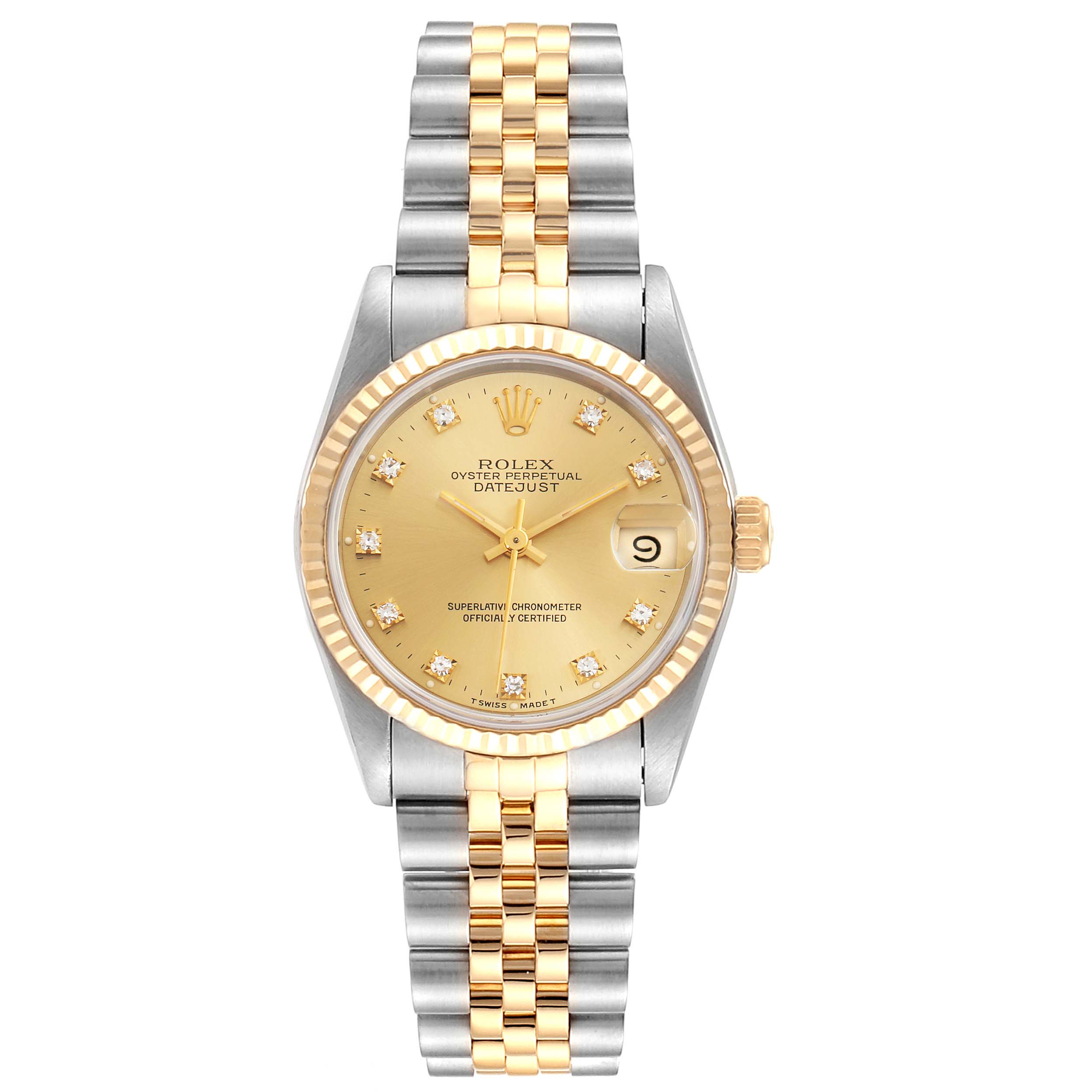 The image shows a front view of a Rolex Oyster Perpetual Datejust Mid-Size watch with a gold and silver jubilee bracelet.