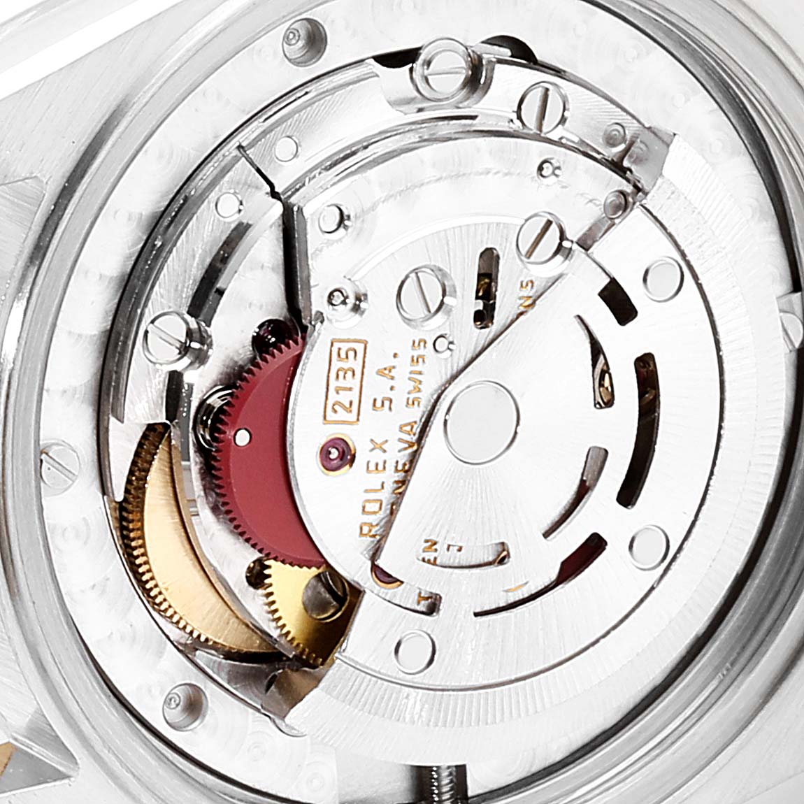 This image shows the movement mechanism from a top-down angle of a Rolex Mid-Size 68273 Women's Steel and Gold (two tone) Champagne Dial 68273 Women's Steel and Gold (two tone) Champagne Dial watch, specifically the caliber 2135.