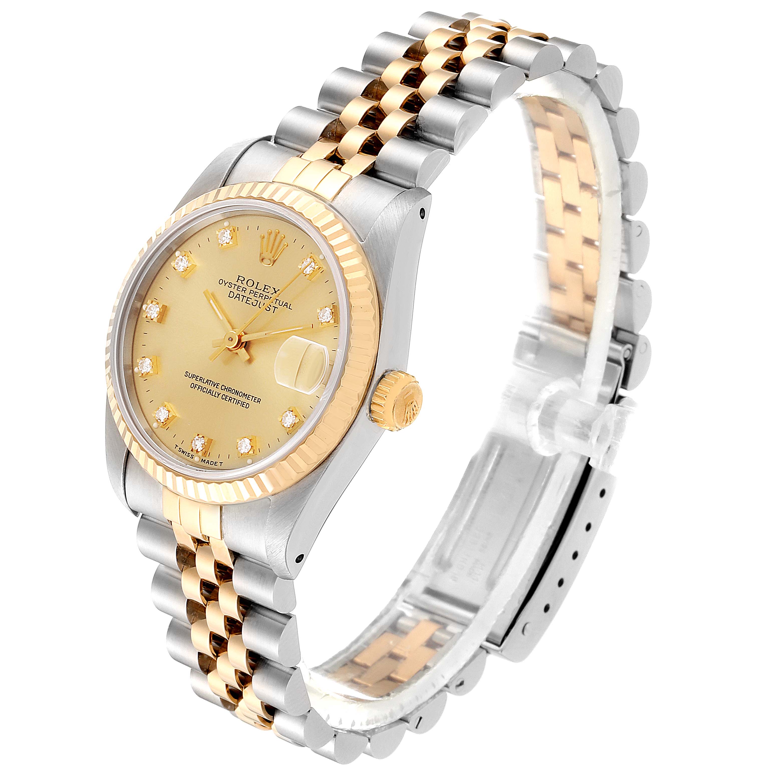 This Rolex Mid-Size 68273 Women's Steel and Gold (two tone) Champagne Dial 68273 Women's Steel and Gold (two tone) Champagne Dial watch is shown at a slight angle, highlighting the gold-tone dial, fluted bezel, and two-tone jubilee bracelet.