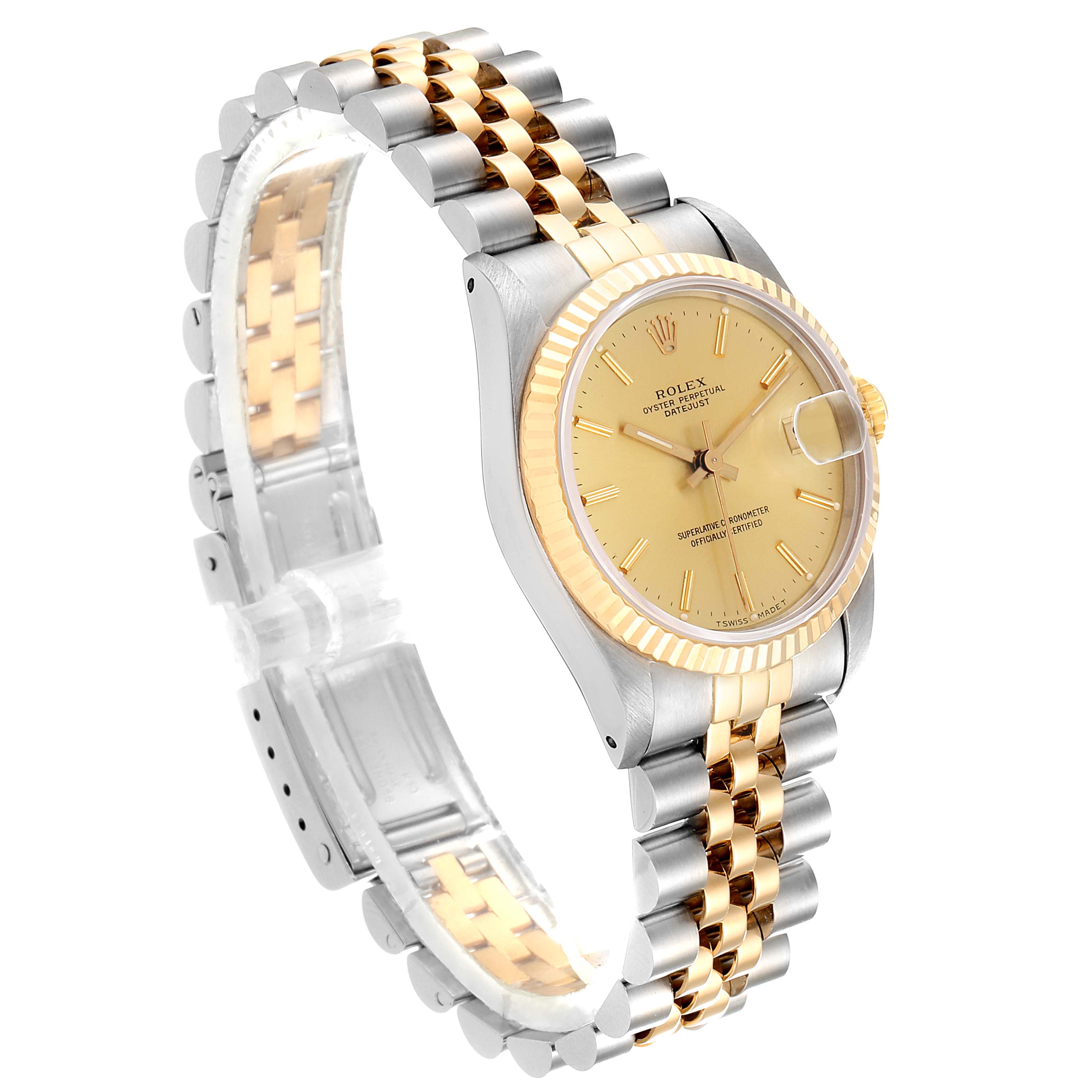 The image shows a side angle of a Mid-Size Rolex watch, featuring its gold dial and two-tone bracelet.
