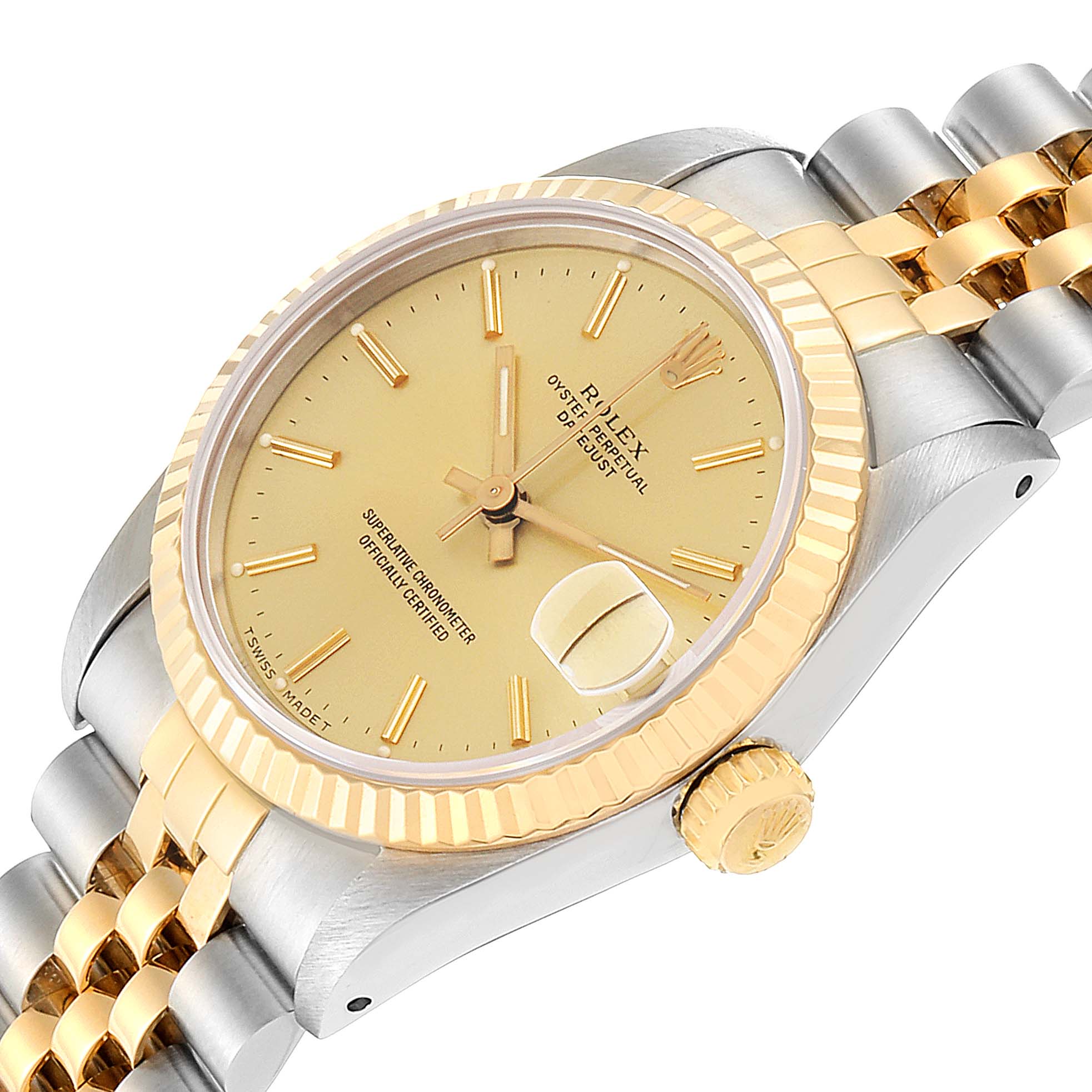 The image shows a close-up angled view of a Rolex Mid-Size 68273 Women's Steel and Gold (two tone) Champagne Dial 68273 Women's Steel and Gold (two tone) Champagne Dial watch, revealing the dial, crown, bezel, and part of the bracelet.