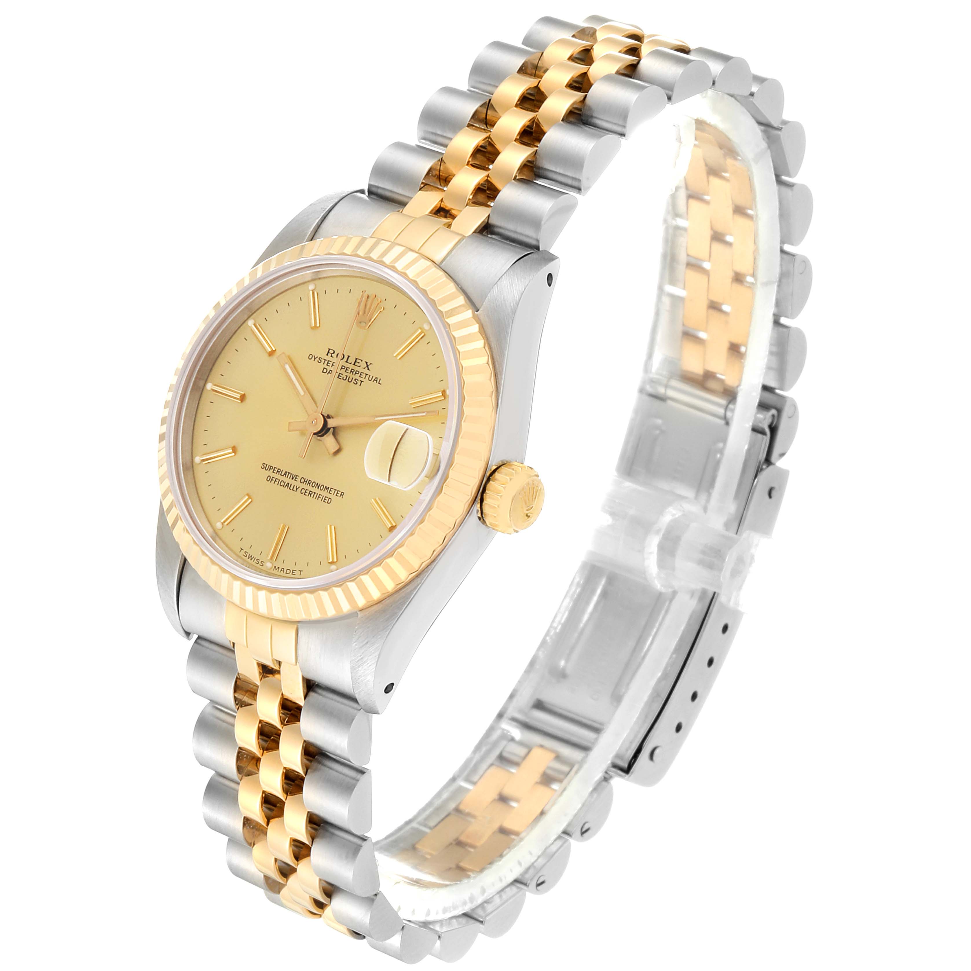 The Rolex Mid-Size 68273 Women's Steel and Gold (two tone) Champagne Dial 68273 Women's Steel and Gold (two tone) Champagne Dial model watch is shown at a slight angle, highlighting its dual-tone bracelet, dial, and crown.