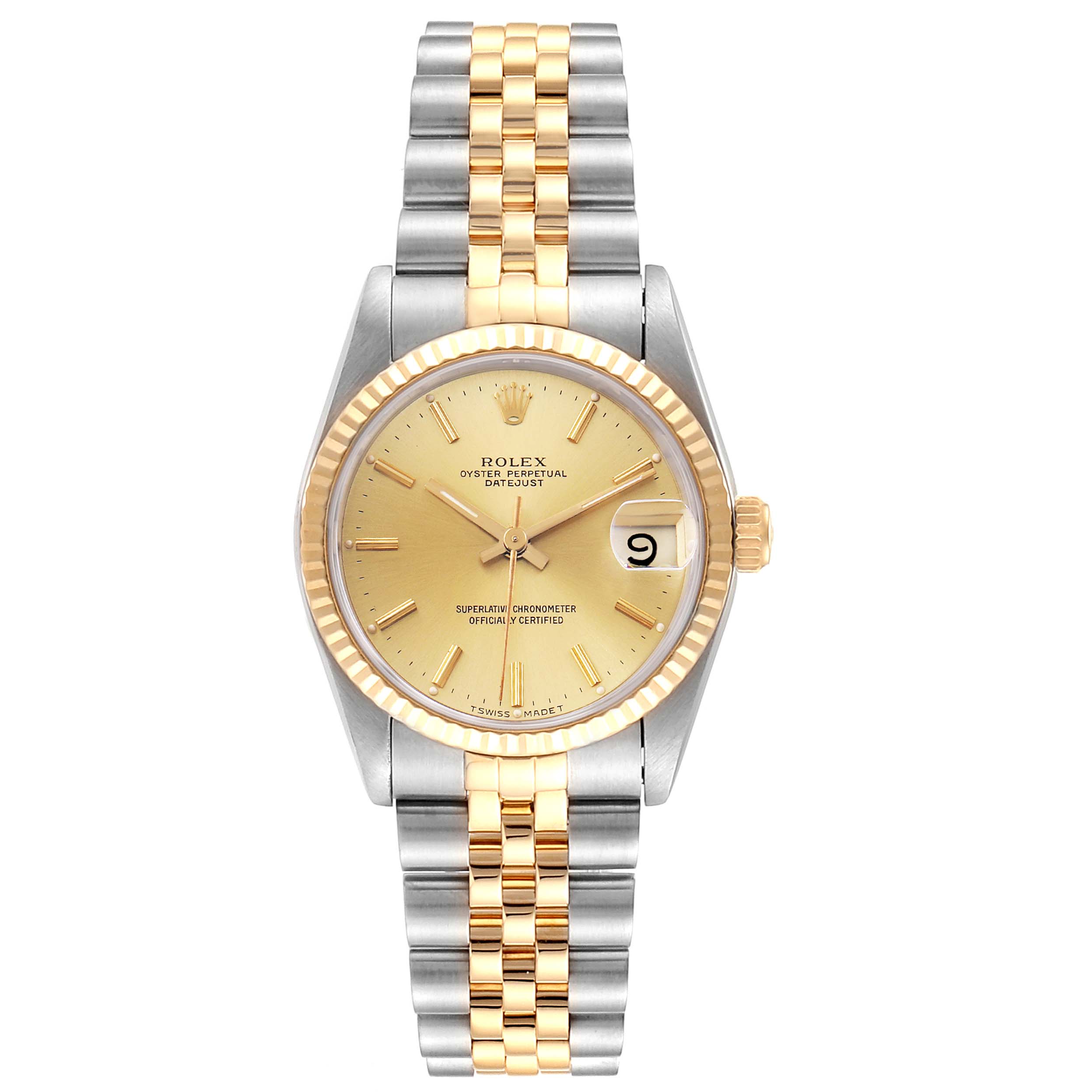 The image shows the front view of a Rolex Mid-Size 68273 Women's Steel and Gold (two tone) Champagne Dial 68273 Women's Steel and Gold (two tone) Champagne Dial Oyster Perpetual Datejust, displaying the dial, bezel, and bracelet.