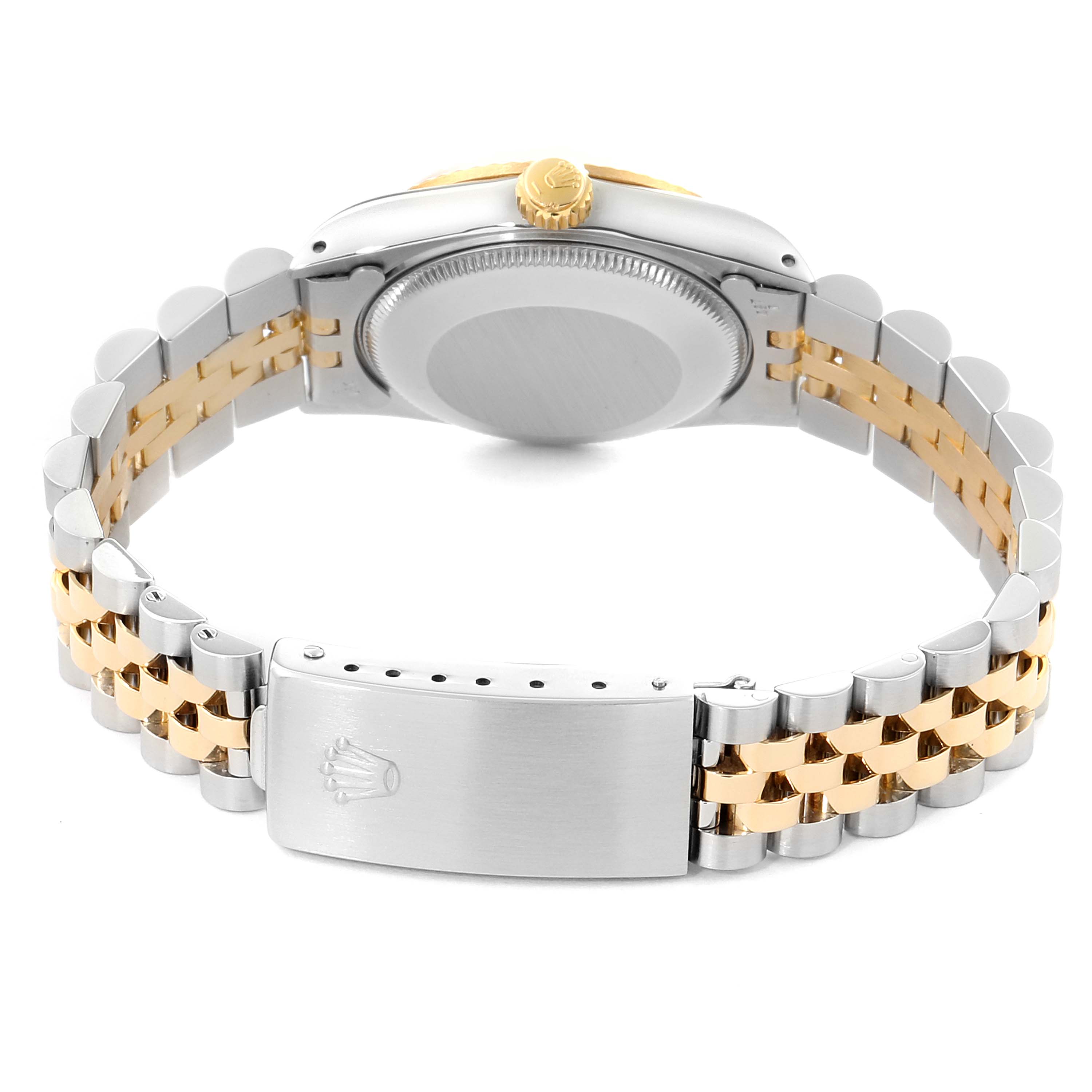 The image shows the back and bracelet of a mid-size Rolex watch, highlighting the clasp, crown, and case back.