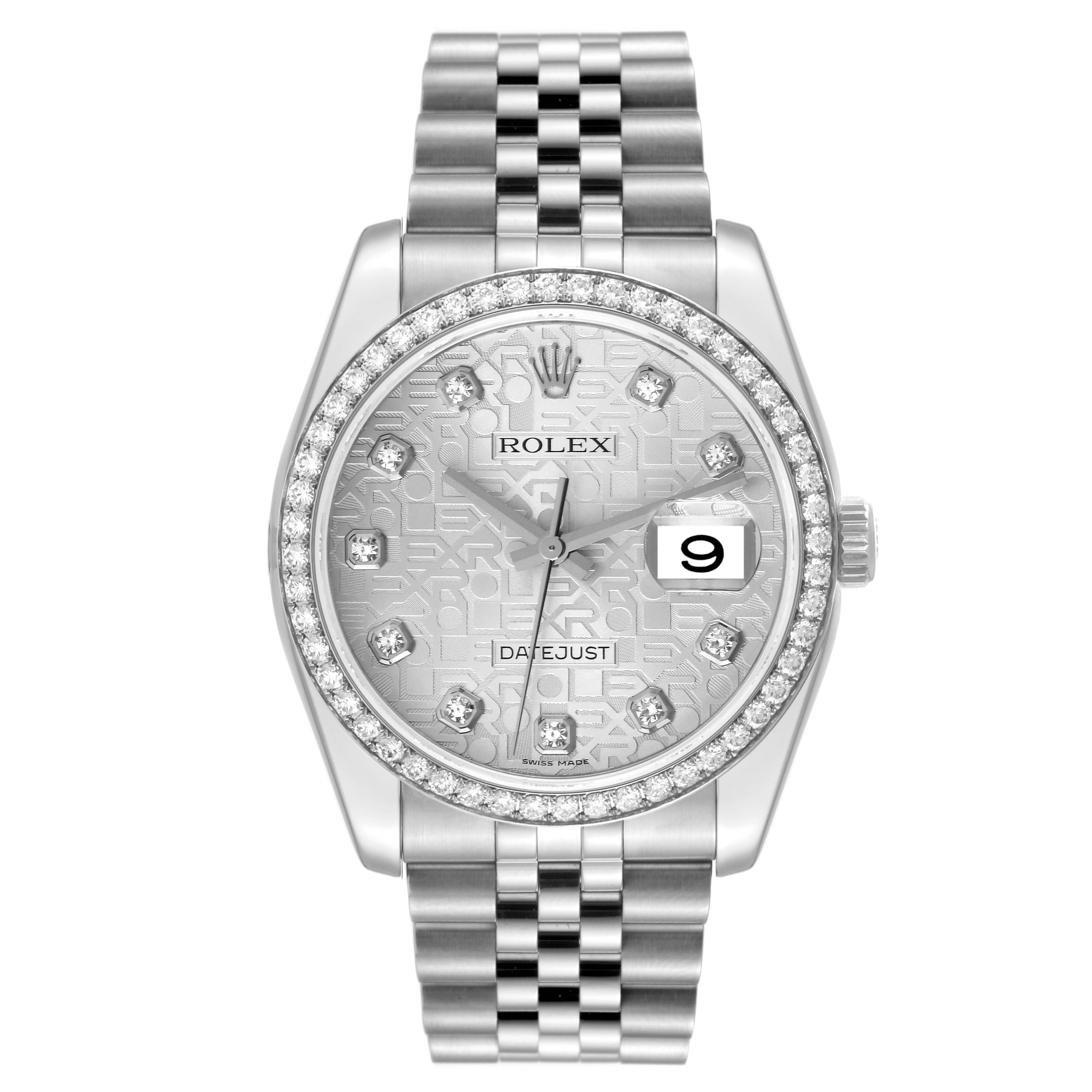 The image shows a frontal view of the Rolex Datejust 116244 Men's Stainless Steel Silver Dial 116244 Men's Stainless Steel Silver Dial model, highlighting the dial, bezel, case, and bracelet.