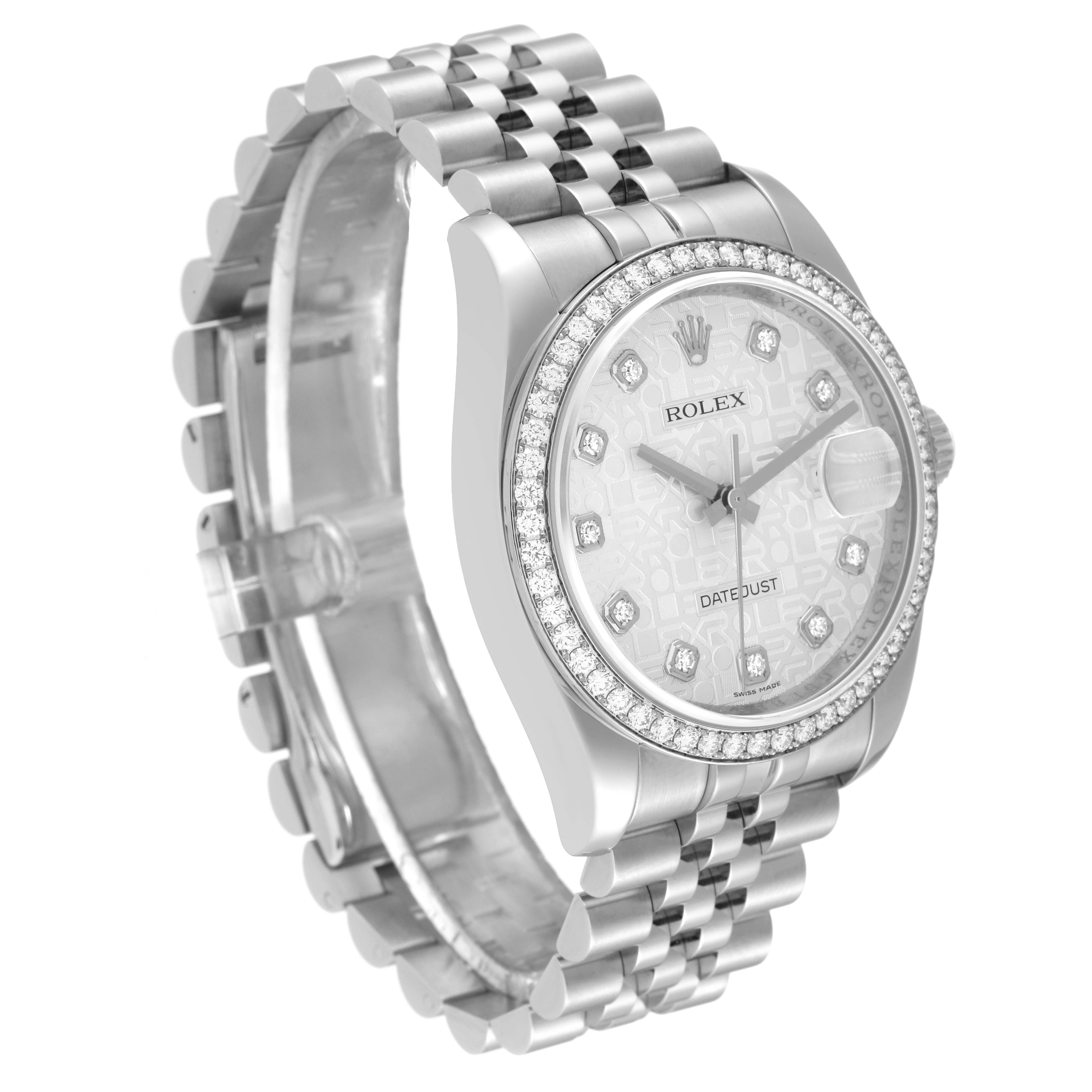 The Rolex Datejust 116244 Men's Stainless Steel Silver Dial 116244 Men's Stainless Steel Silver Dial watch is shown at a three-quarter angle displaying the face, bezel, and part of the bracelet.