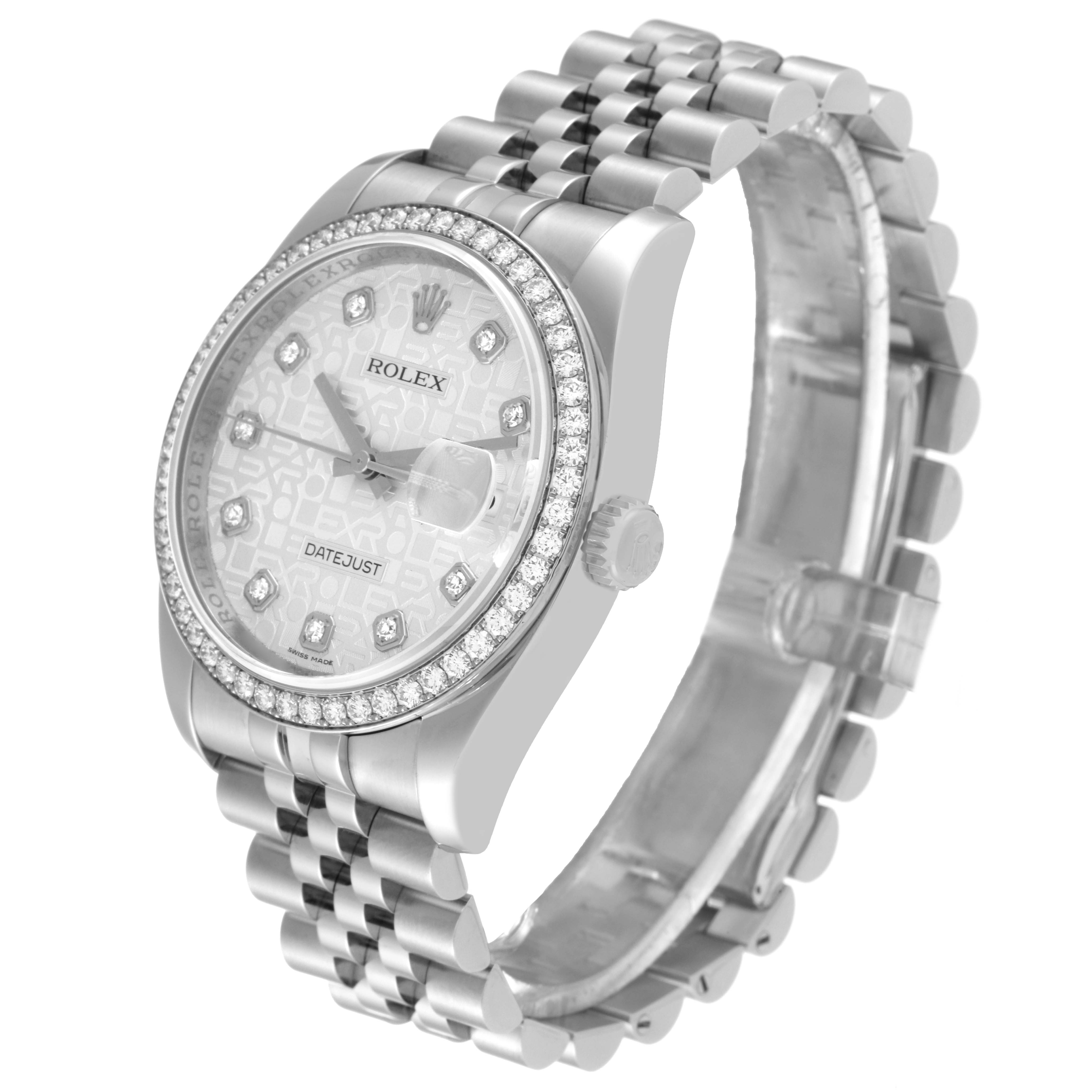 The image shows a Rolex Datejust 116244 Men's Stainless Steel Silver Dial 116244 Men's Stainless Steel Silver Dial watch at an angled view, highlighting the face, bezel, and partially visible bracelet.