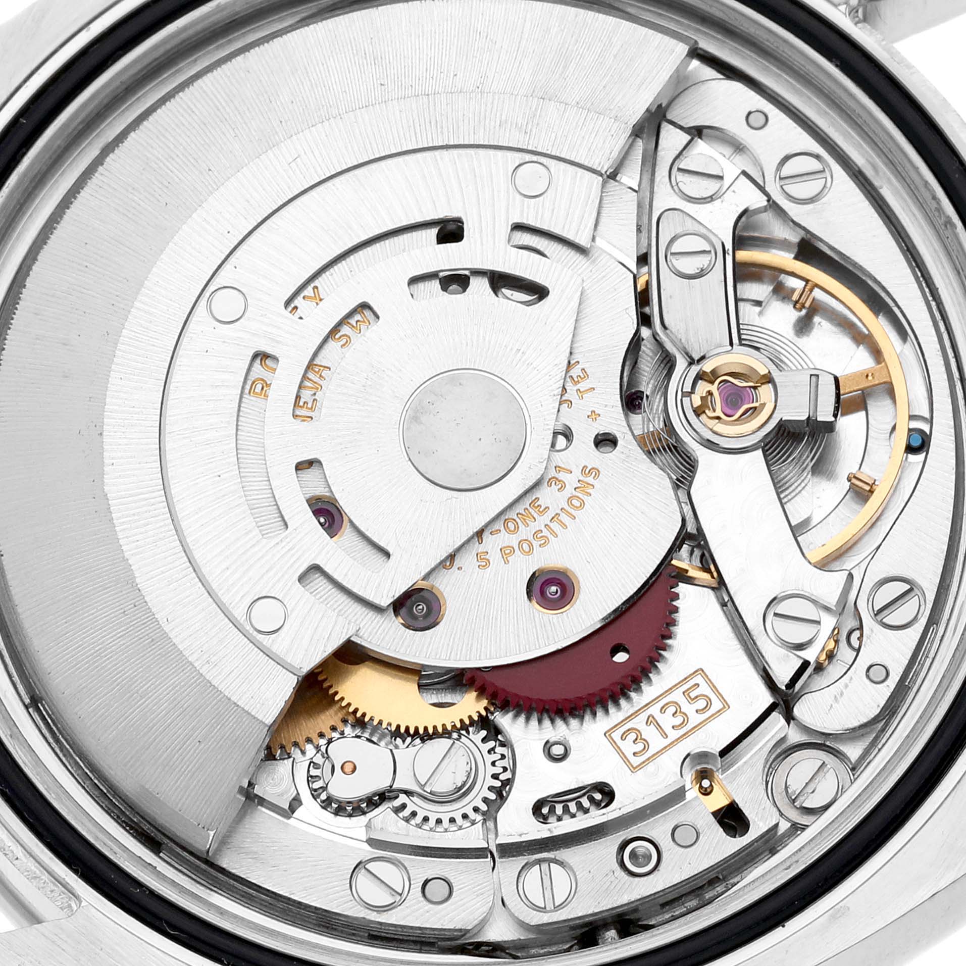 This image shows a close-up view of the Rolex Datejust 116244 Men's Stainless Steel Silver Dial 116244 Men's Stainless Steel Silver Dial's internal movement mechanism.