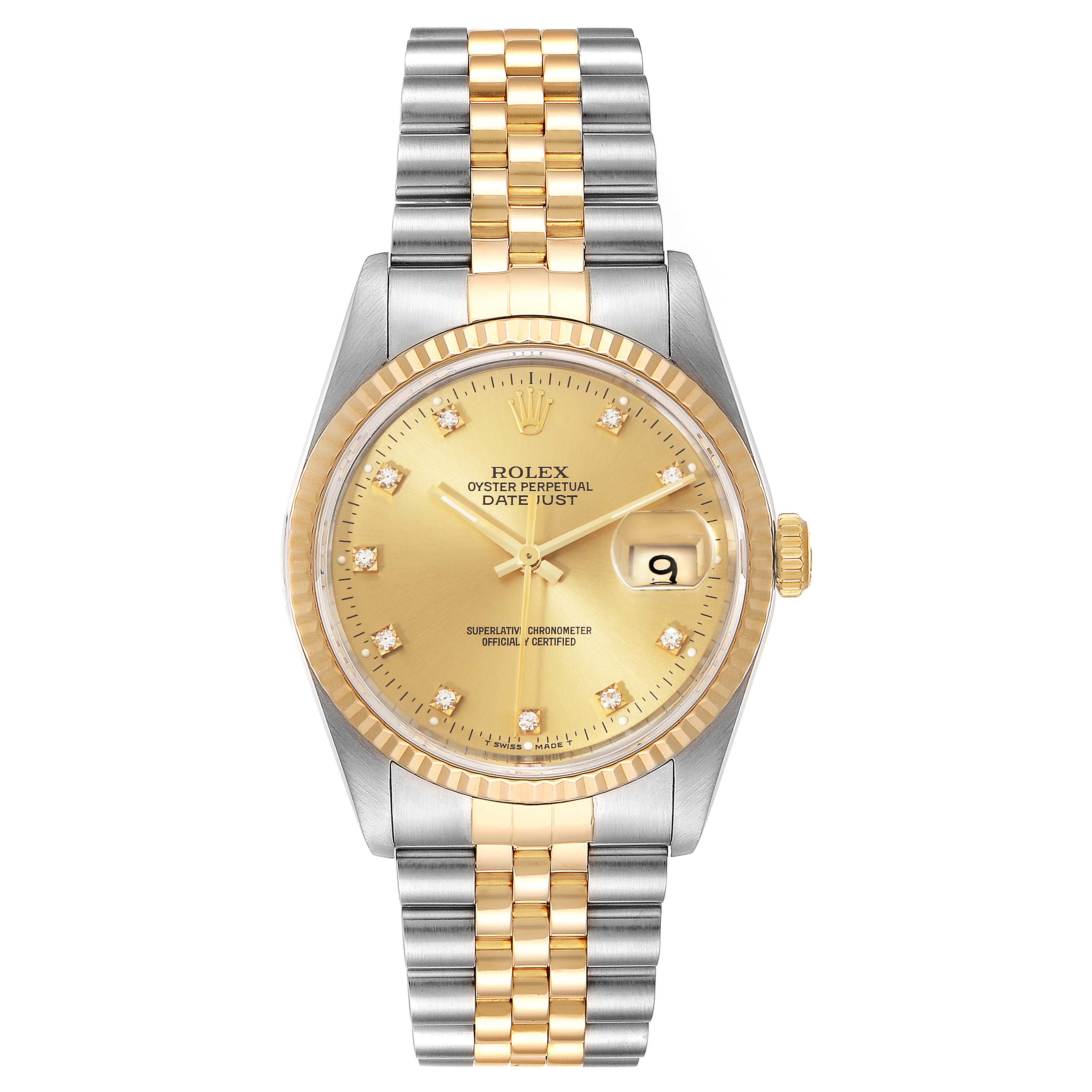 This image shows a Rolex Datejust 16233 Men's Steel and Gold (two tone) Champagne Dial 16233 Men's Steel and Gold (two tone) Champagne Dial watch from a front angle, featuring its gold and silver bracelet, dial, and date display.