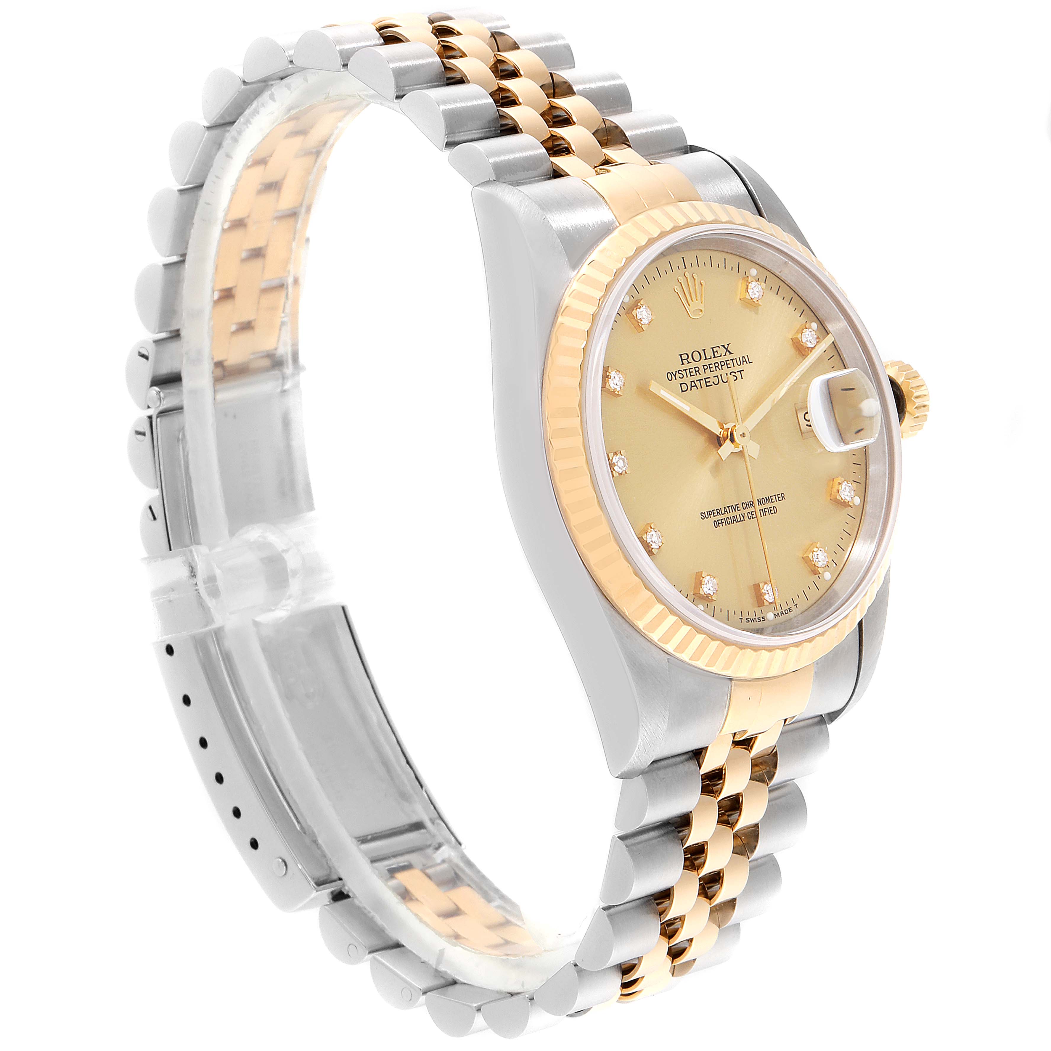 The image shows a Rolex Datejust 16233 Men's Steel and Gold (two tone) Champagne Dial 16233 Men's Steel and Gold (two tone) Champagne Dial watch from a side angle, highlighting its gold and silver bracelet and champagne-colored dial.