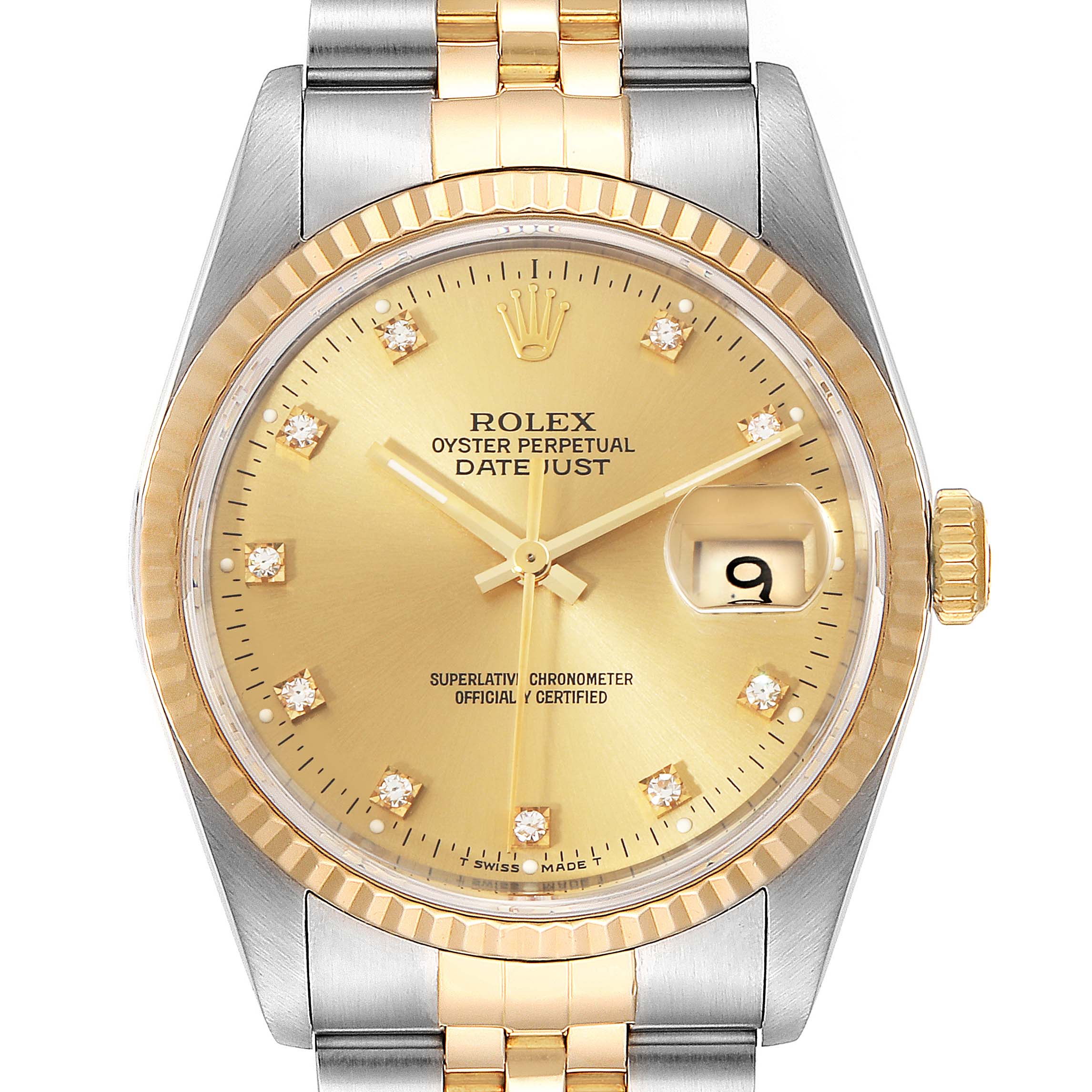 This image shows a close-up front view of a Rolex Datejust 16233 Men's Steel and Gold (two tone) Champagne Dial 16233 Men's Steel and Gold (two tone) Champagne Dial watch with a gold and silver bracelet, a gold fluted bezel, and a champagne dial.