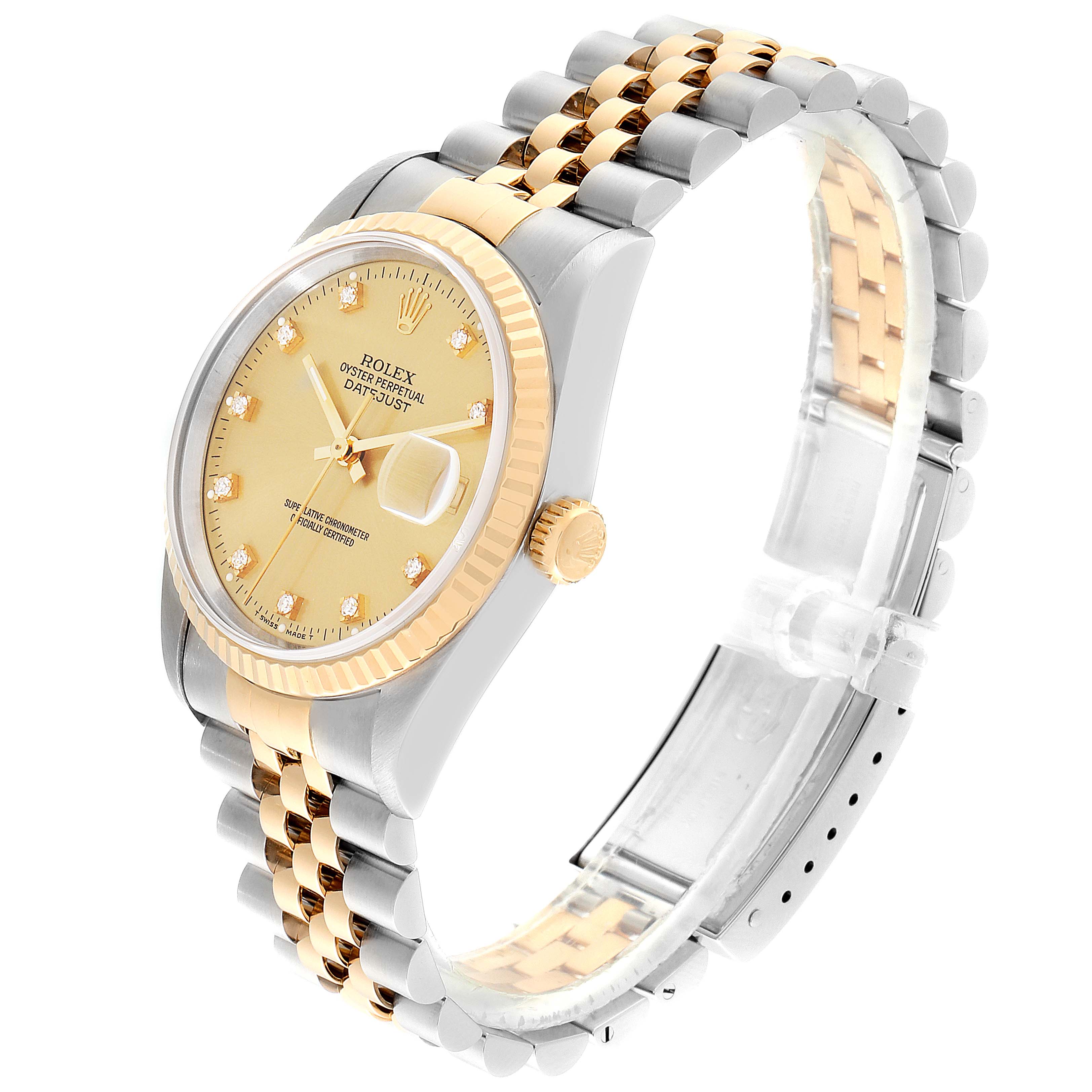 This Rolex Datejust 16233 Men's Steel and Gold (two tone) Champagne Dial 16233 Men's Steel and Gold (two tone) Champagne Dial watch is shown at a slight angle, highlighting the dial, bezel, crown, and two-tone bracelet.
