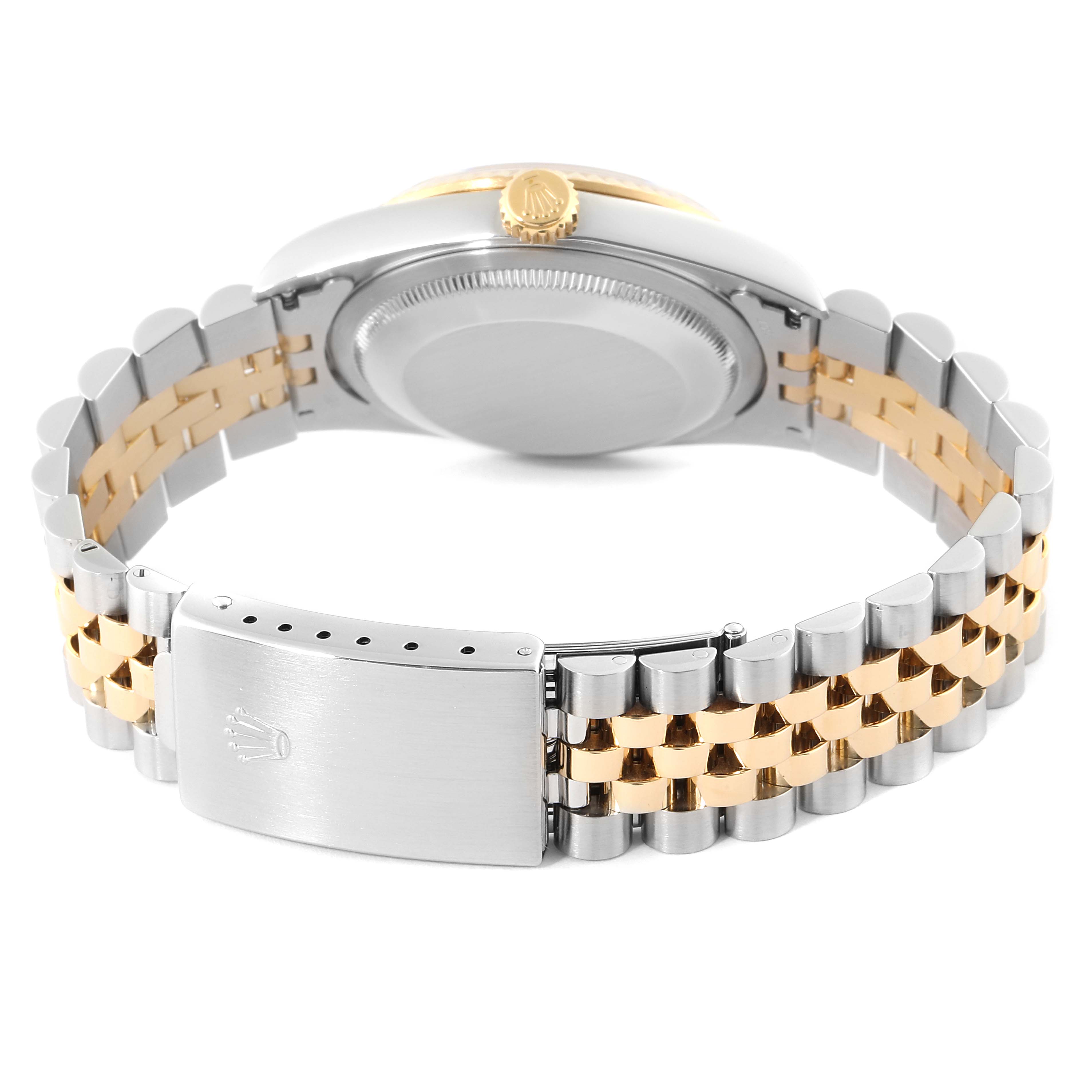 This image shows the back view of a Rolex Datejust 16233 Men's Steel and Gold (two tone) Champagne Dial 16233 Men's Steel and Gold (two tone) Champagne Dial model, focusing on its two-tone bracelet and clasp.