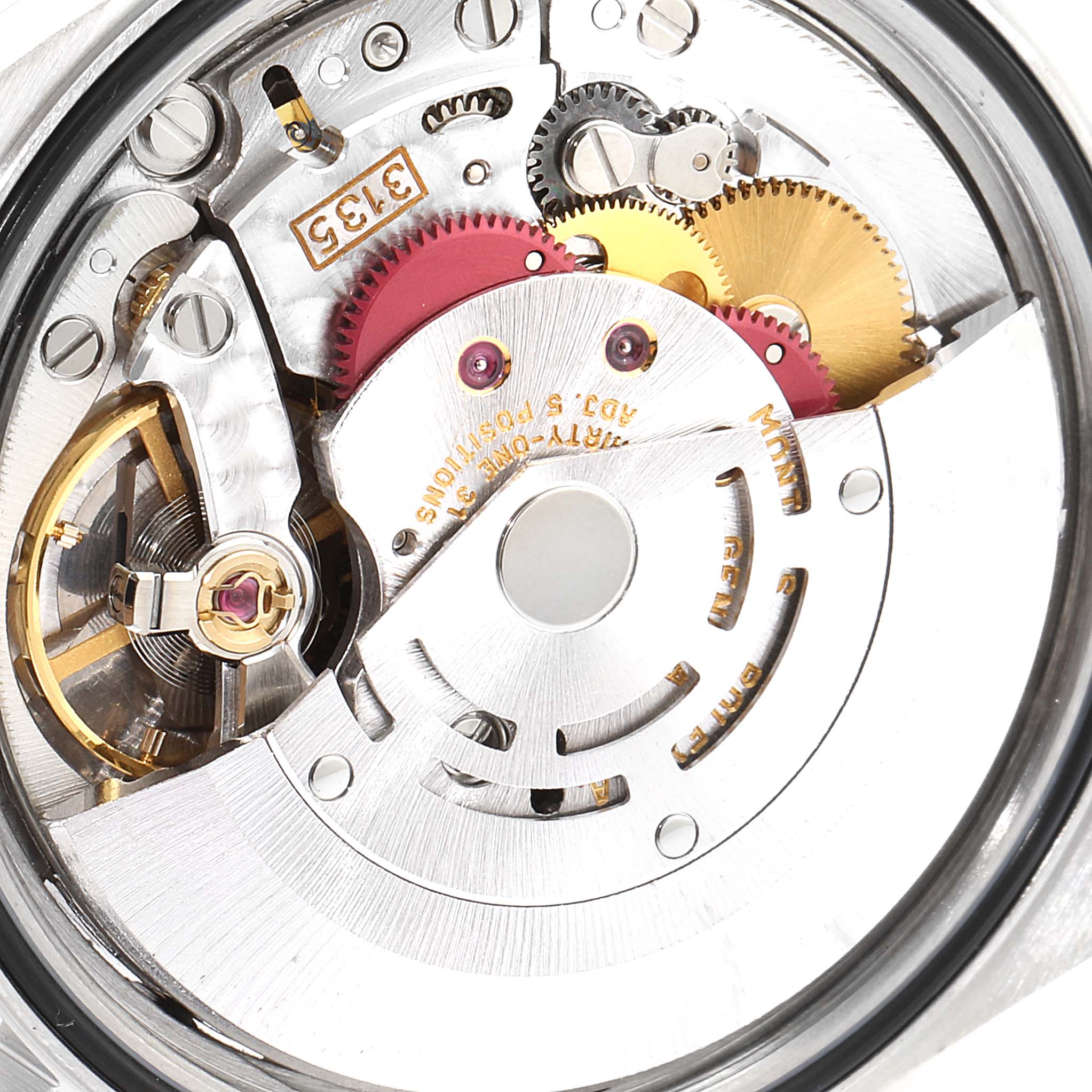 The image shows the intricate internal mechanical components of a Rolex Datejust 16233 Men's Steel and Gold (two tone) Champagne Dial 16233 Men's Steel and Gold (two tone) Champagne Dial watch from a close-up angle.