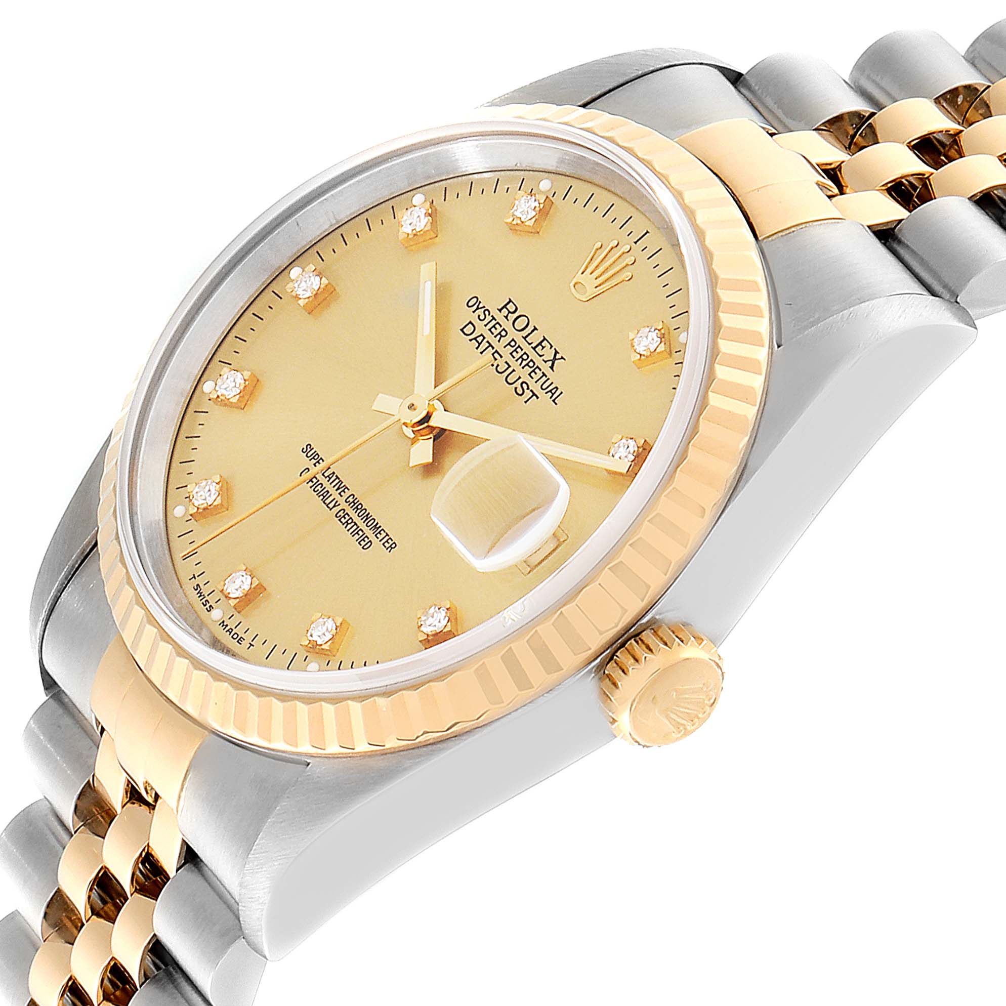 This image shows the Rolex Datejust 16233 Men's Steel and Gold (two tone) Champagne Dial 16233 Men's Steel and Gold (two tone) Champagne Dial watch at an angled side view, highlighting the dial, bezel, crown, and bracelet.
