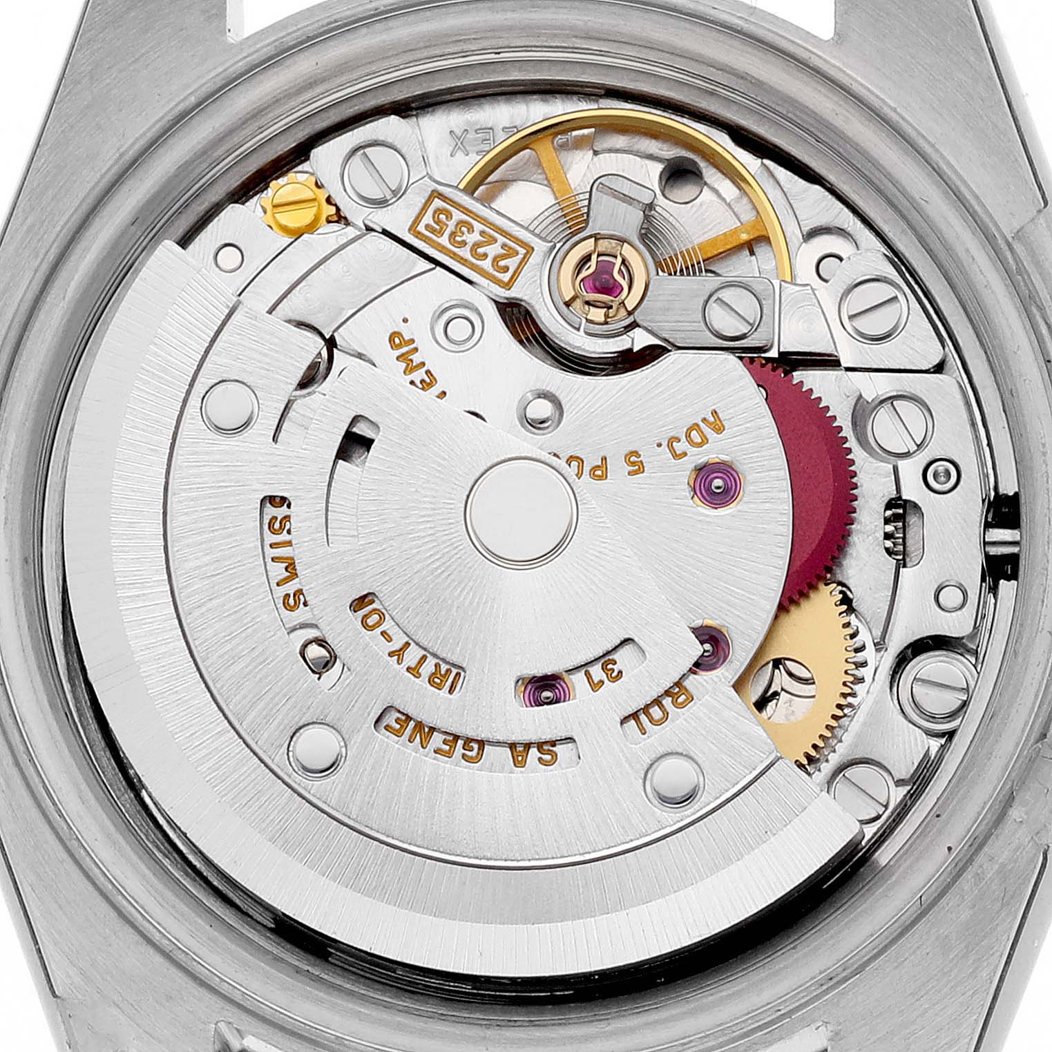 The image shows a close-up of the Rolex Datejust 79174 Women's Stainless Steel Silver Dial 79174 Women's Stainless Steel Silver Dial watch movement from a top-down angle, highlighting its intricate components.