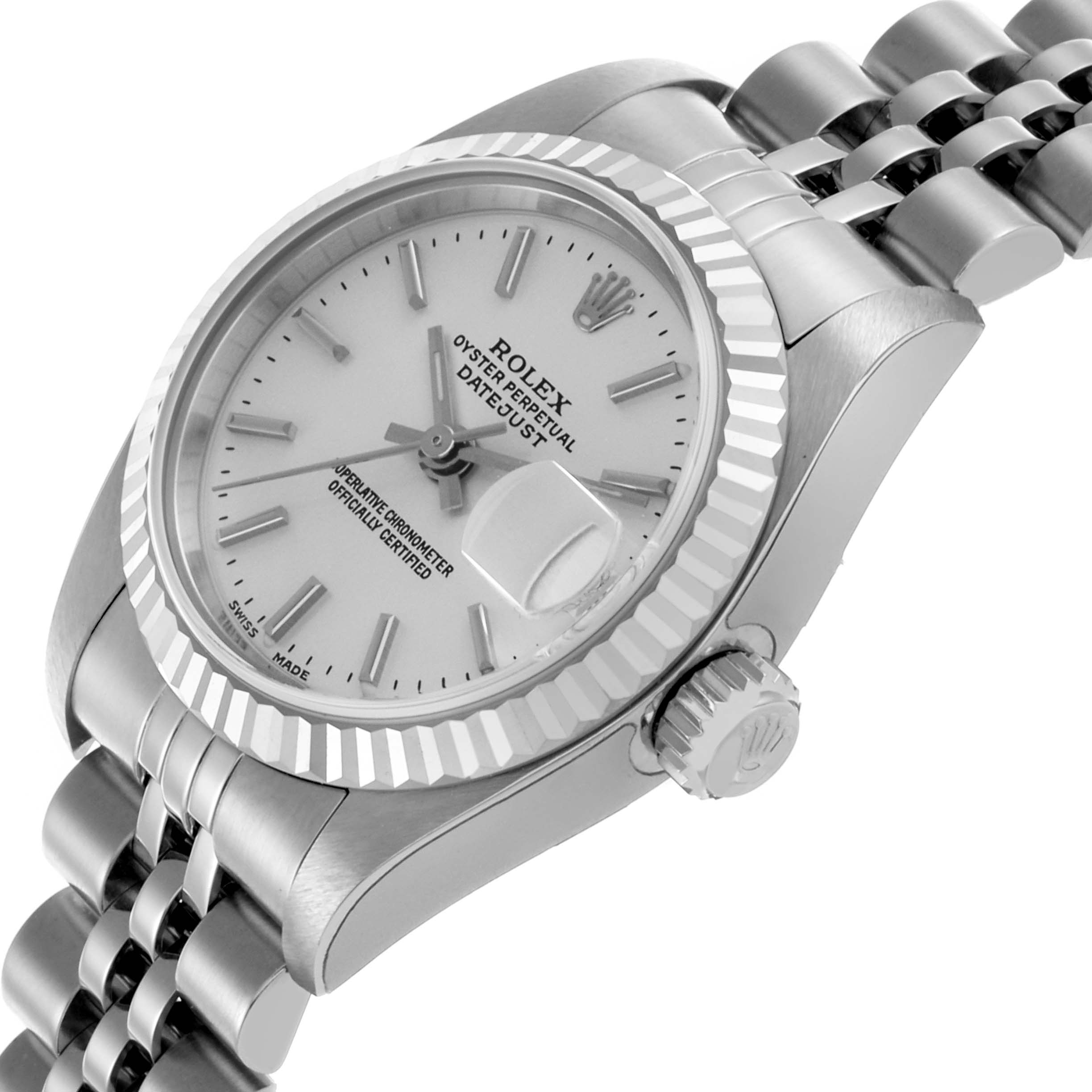 The Rolex Datejust 79174 Women's Stainless Steel Silver Dial 79174 Women's Stainless Steel Silver Dial watch is shown at a slight side angle, displaying its face, bezel, crown, and bracelet.
