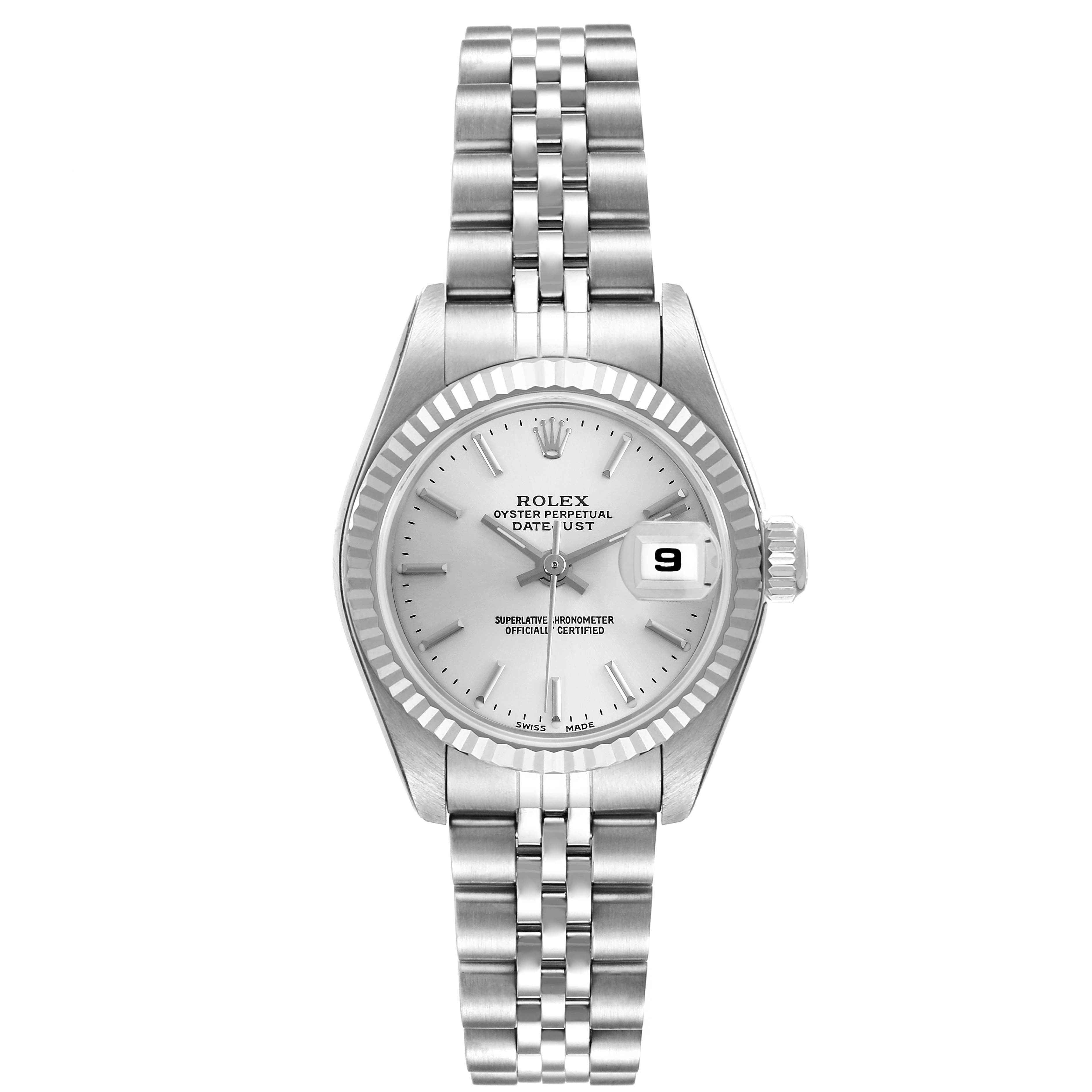 The Rolex Datejust 79174 Women's Stainless Steel Silver Dial 79174 Women's Stainless Steel Silver Dial watch is shown from a front angle, displaying its face, bezel, and bracelet.