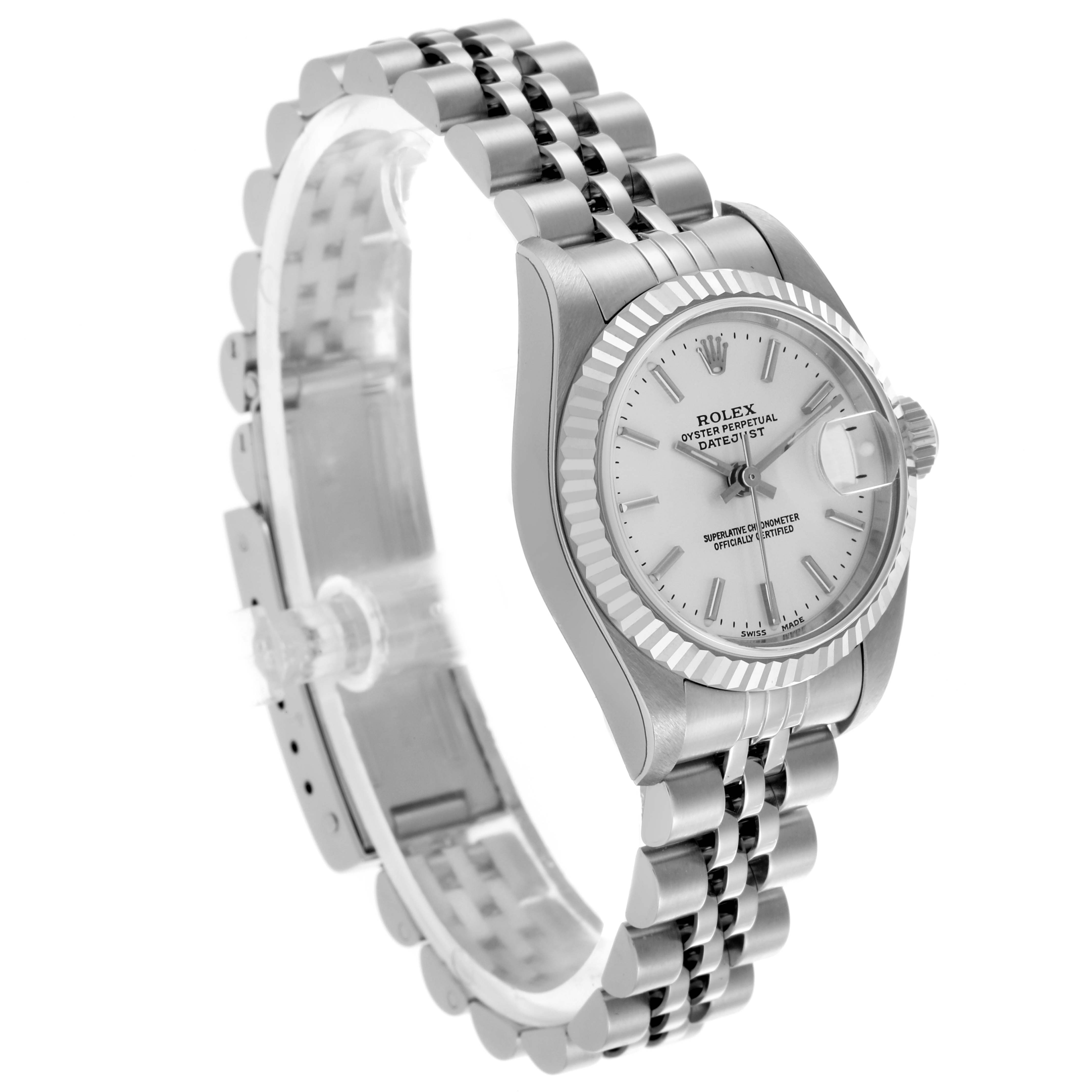 The Rolex Datejust 79174 Women's Stainless Steel Silver Dial 79174 Women's Stainless Steel Silver Dial watch is shown at an angled side view, highlighting the face, bracelet, and fluted bezel.