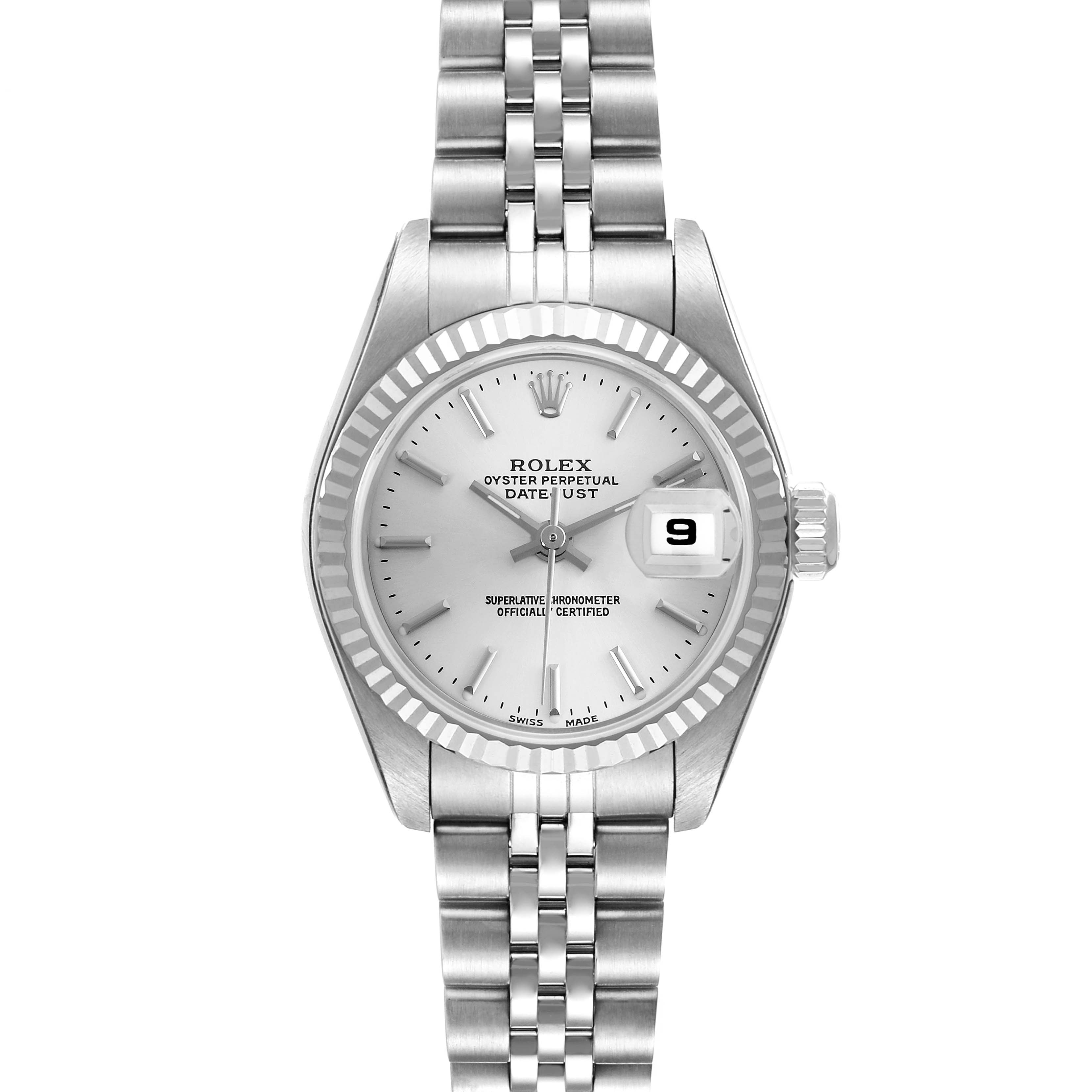 The Rolex Datejust 79174 Women's Stainless Steel Silver Dial 79174 Women's Stainless Steel Silver Dial watch is shown from the front, highlighting the dial, bezel, bracelet, and date window.