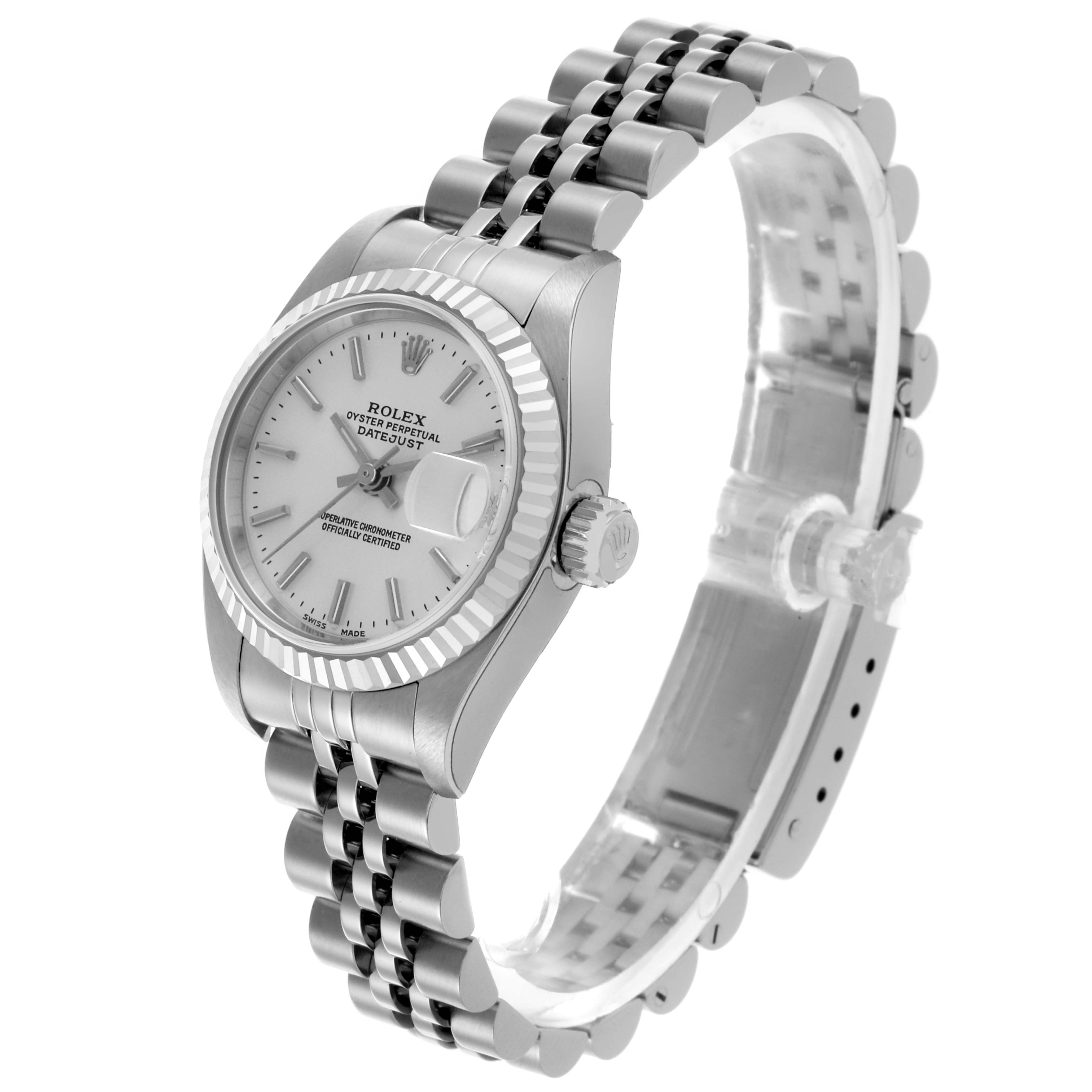The Rolex Datejust 79174 Women's Stainless Steel Silver Dial 79174 Women's Stainless Steel Silver Dial watch is shown from a three-quarter angle, highlighting the case, dial, bezel, and bracelet.