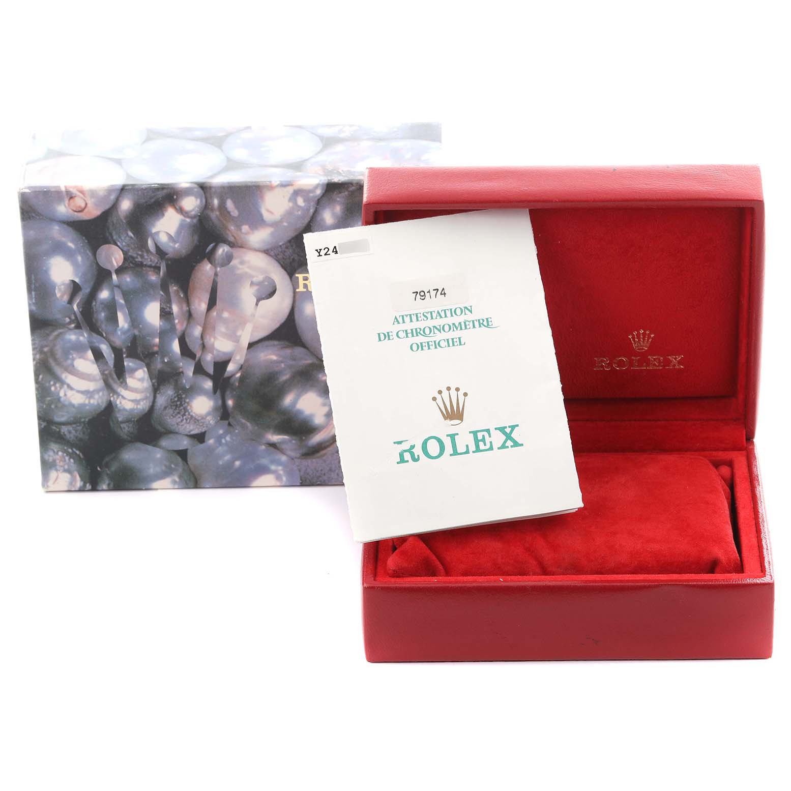 The image shows a Rolex Datejust 79174 Women's Stainless Steel Silver Dial 79174 Women's Stainless Steel Silver Dial box and certificate, viewed from the front, without the watch visible.