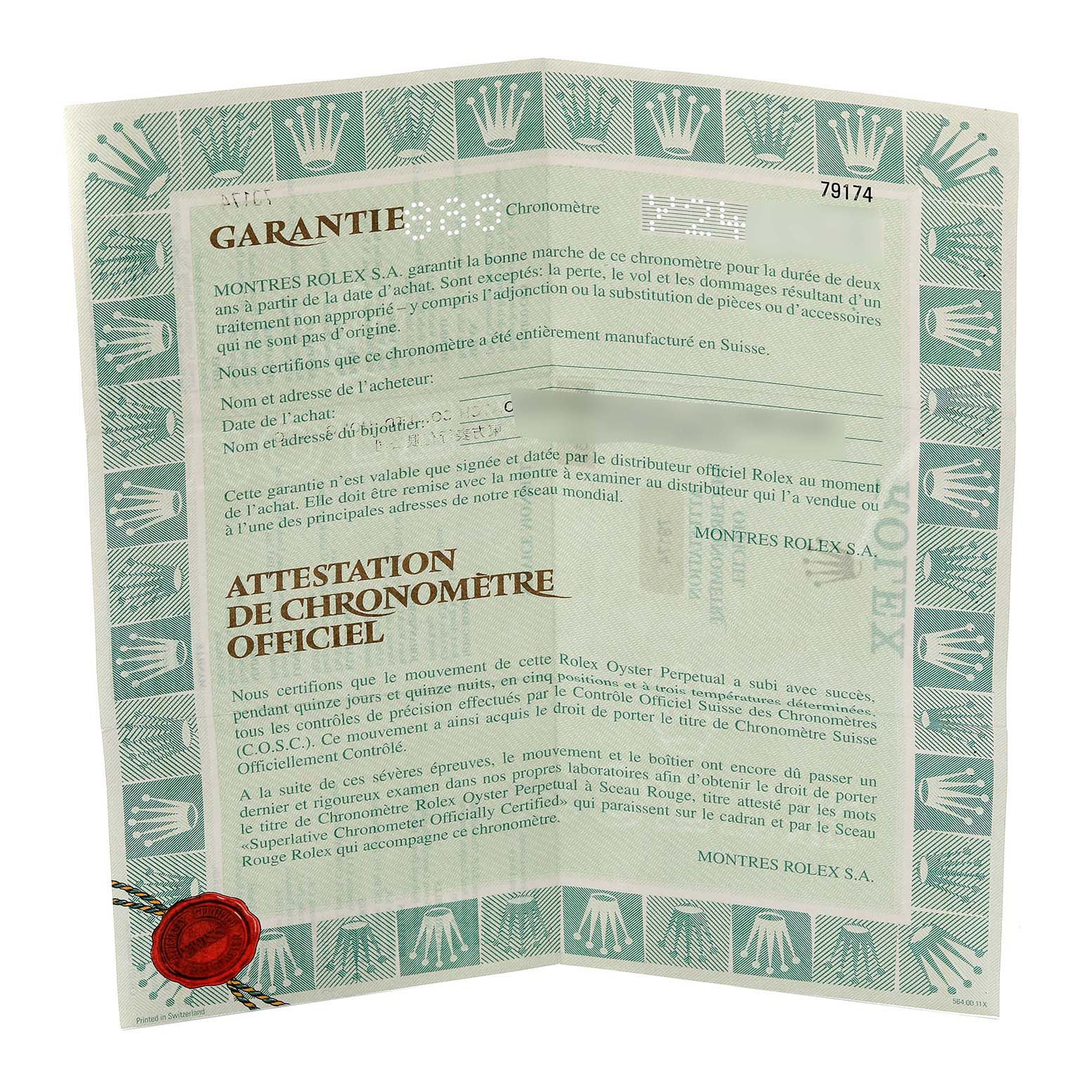 The image shows a Rolex Datejust 79174 Women's Stainless Steel Silver Dial 79174 Women's Stainless Steel Silver Dial warranty certificate unfolded, featuring text and logos.