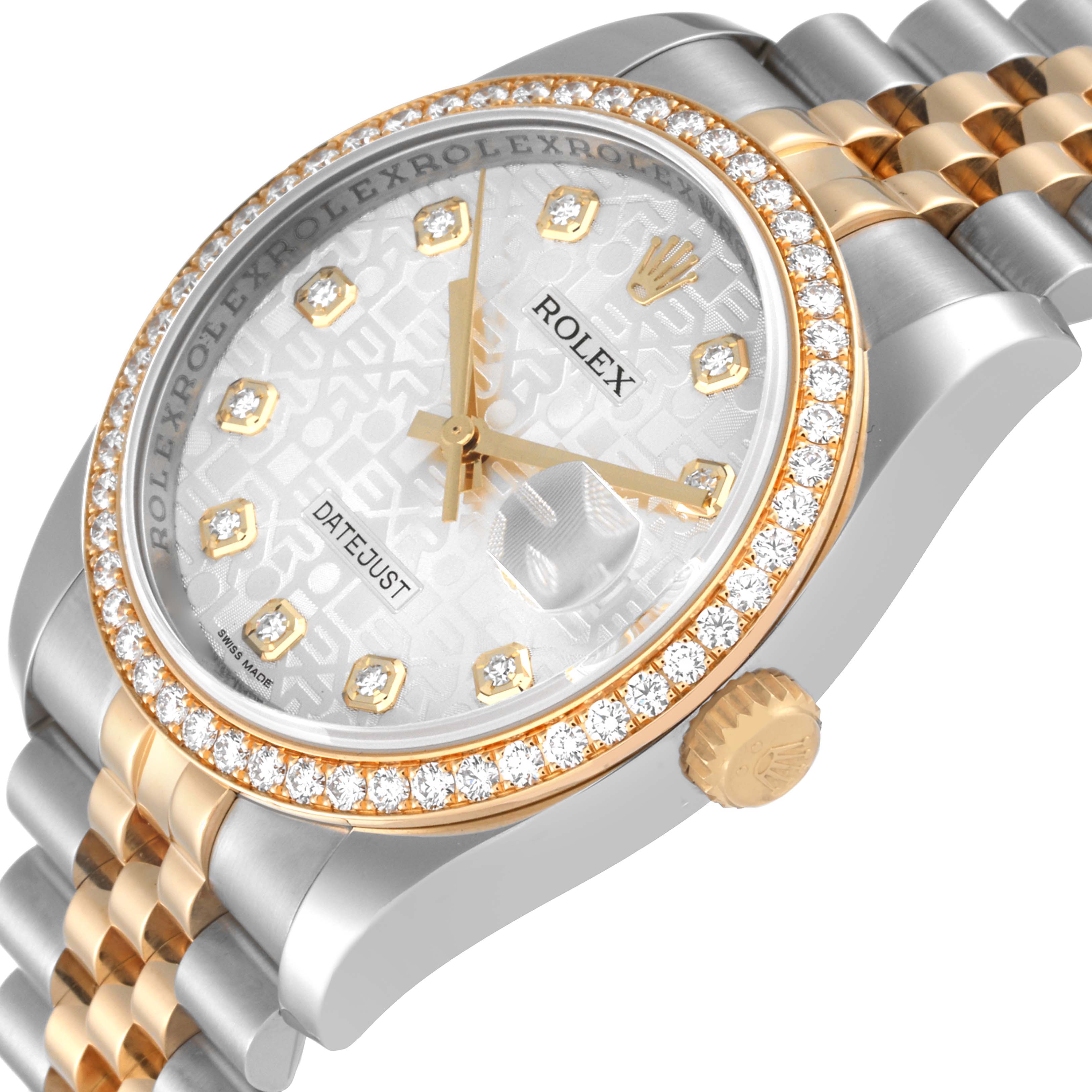 The image shows the face and bezel of the Rolex Datejust 116243 Men's Stainless Steel Silver Dial 116243 Men's Stainless Steel Silver Dial watch from a slight side angle, highlighting its two-tone bracelet and diamond accents.