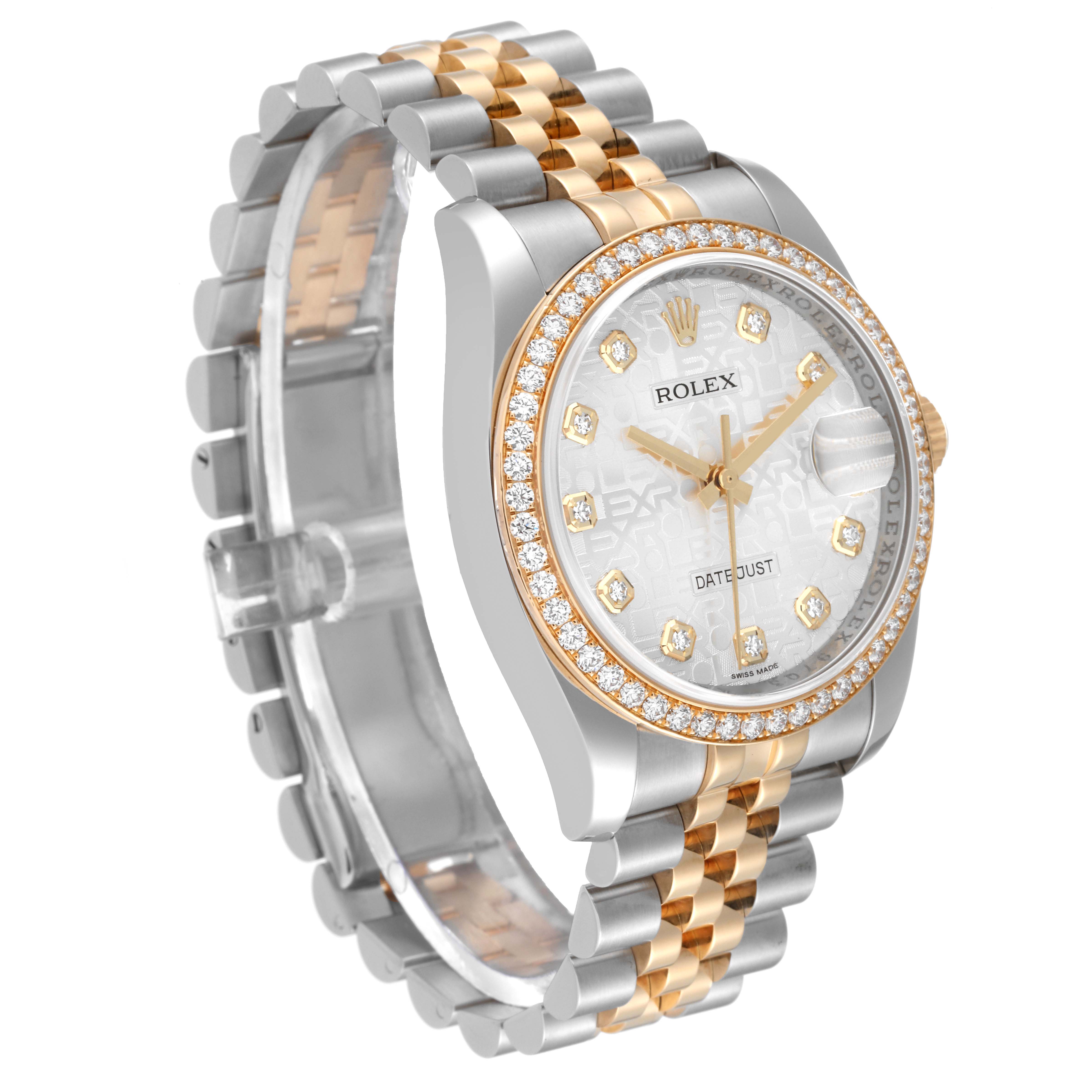 This image shows a three-quarter view of a Rolex Datejust 116243 Men's Stainless Steel Silver Dial 116243 Men's Stainless Steel Silver Dial watch, highlighting the face, bezel, and two-tone bracelet.