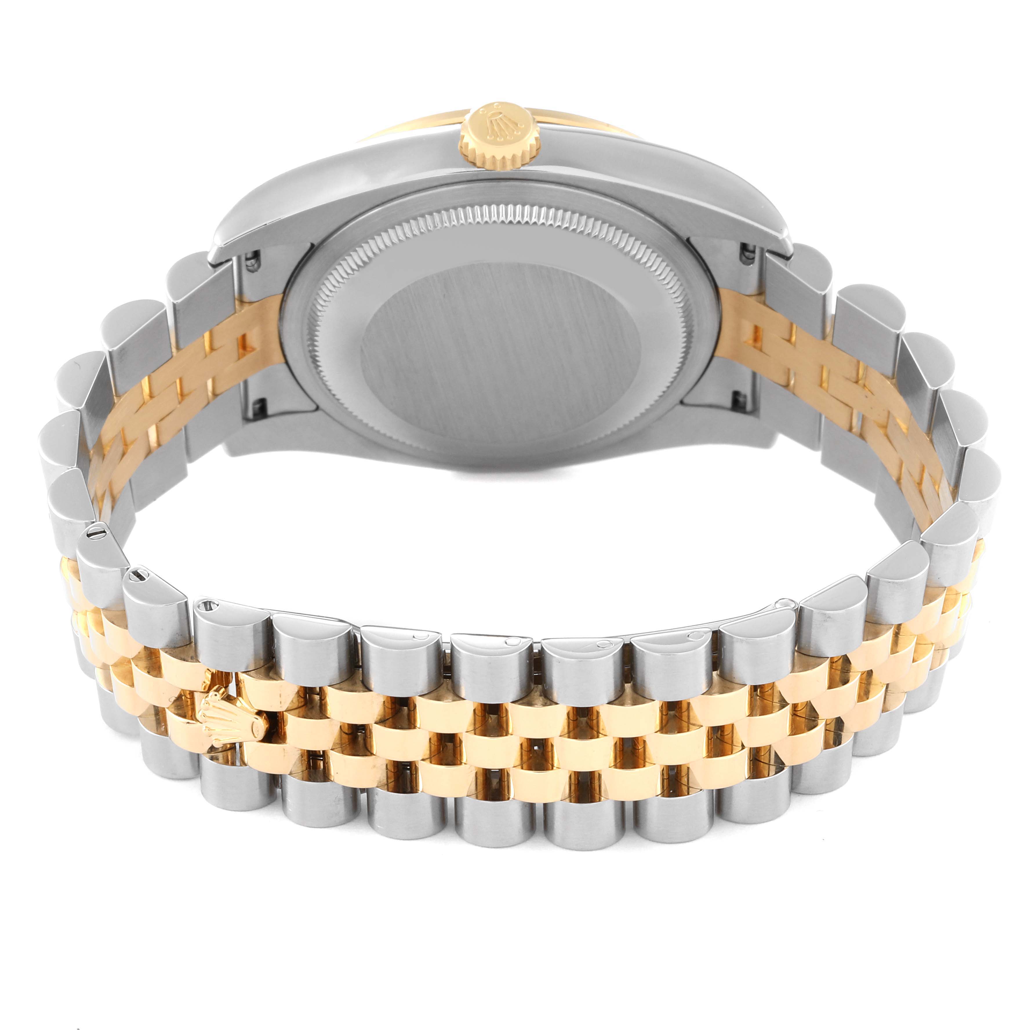 The image shows the back view of a Rolex Datejust 116243 Men's Stainless Steel Silver Dial 116243 Men's Stainless Steel Silver Dial watch, highlighting its case back, crown, and two-tone bracelet.