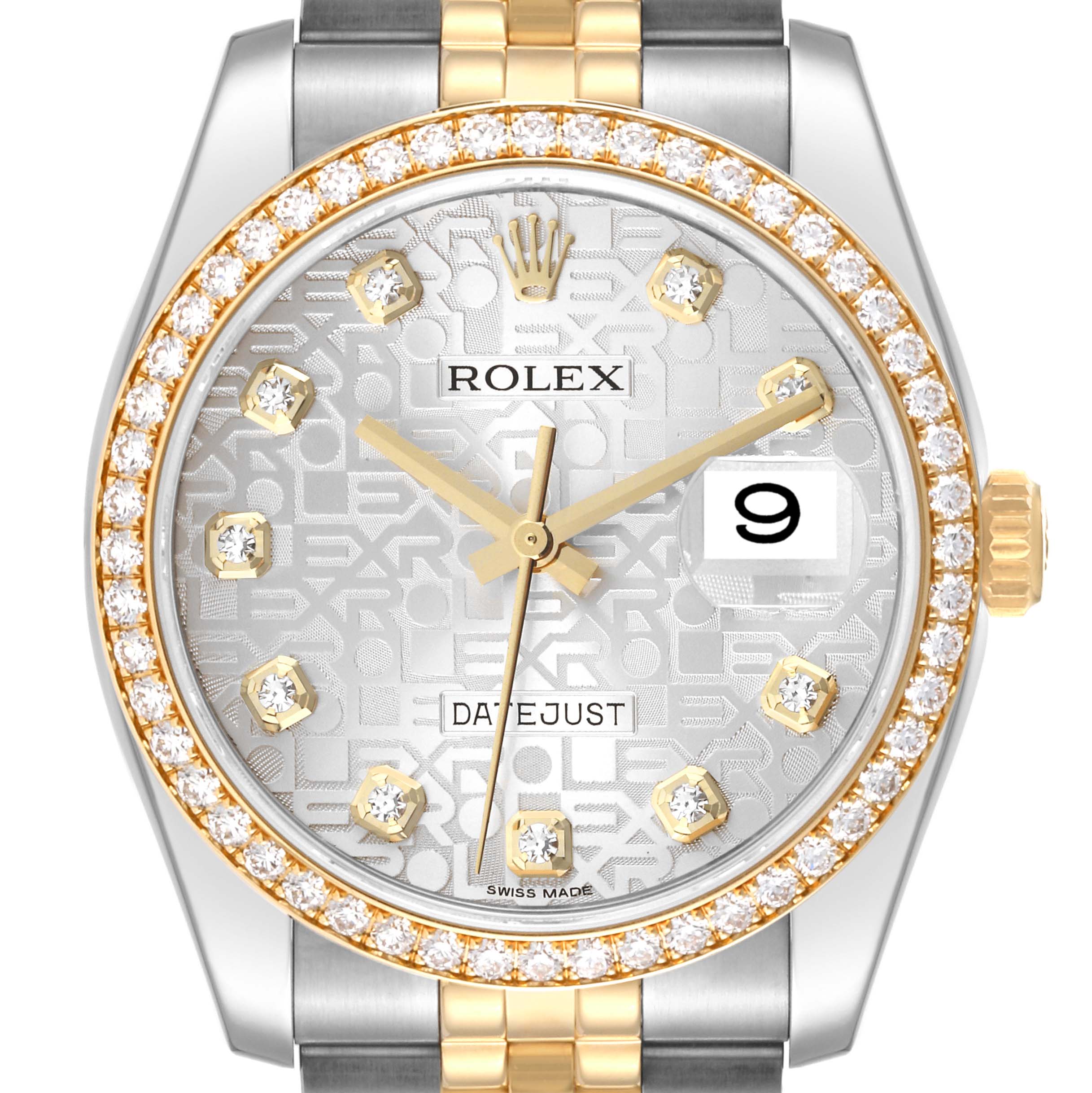 This image shows a close-up of the Rolex Datejust 116243 Men's Stainless Steel Silver Dial 116243 Men's Stainless Steel Silver Dial watch dial and bezel with diamond accents.