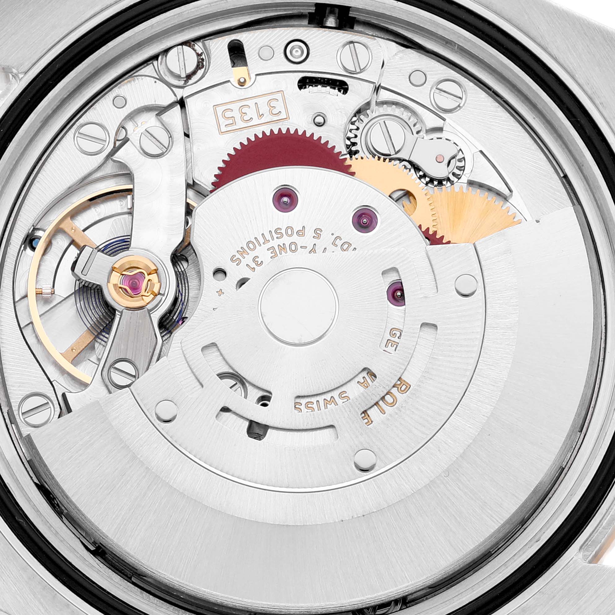 This image shows a close-up view of the movement mechanism inside a Rolex Datejust 116243 Men's Stainless Steel Silver Dial 116243 Men's Stainless Steel Silver Dial watch.